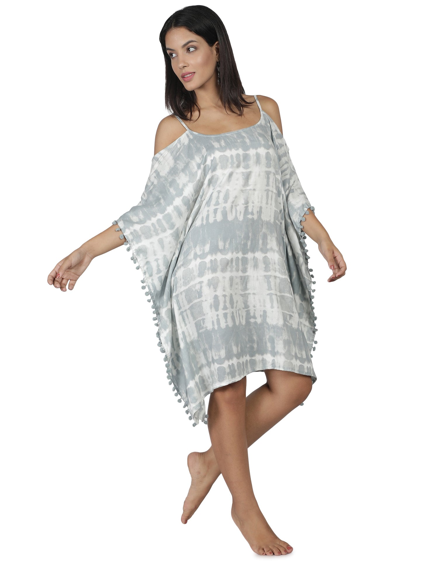 NUEVOSDAMAS Women Rayon Tie & Dye Kaftan Grey/White