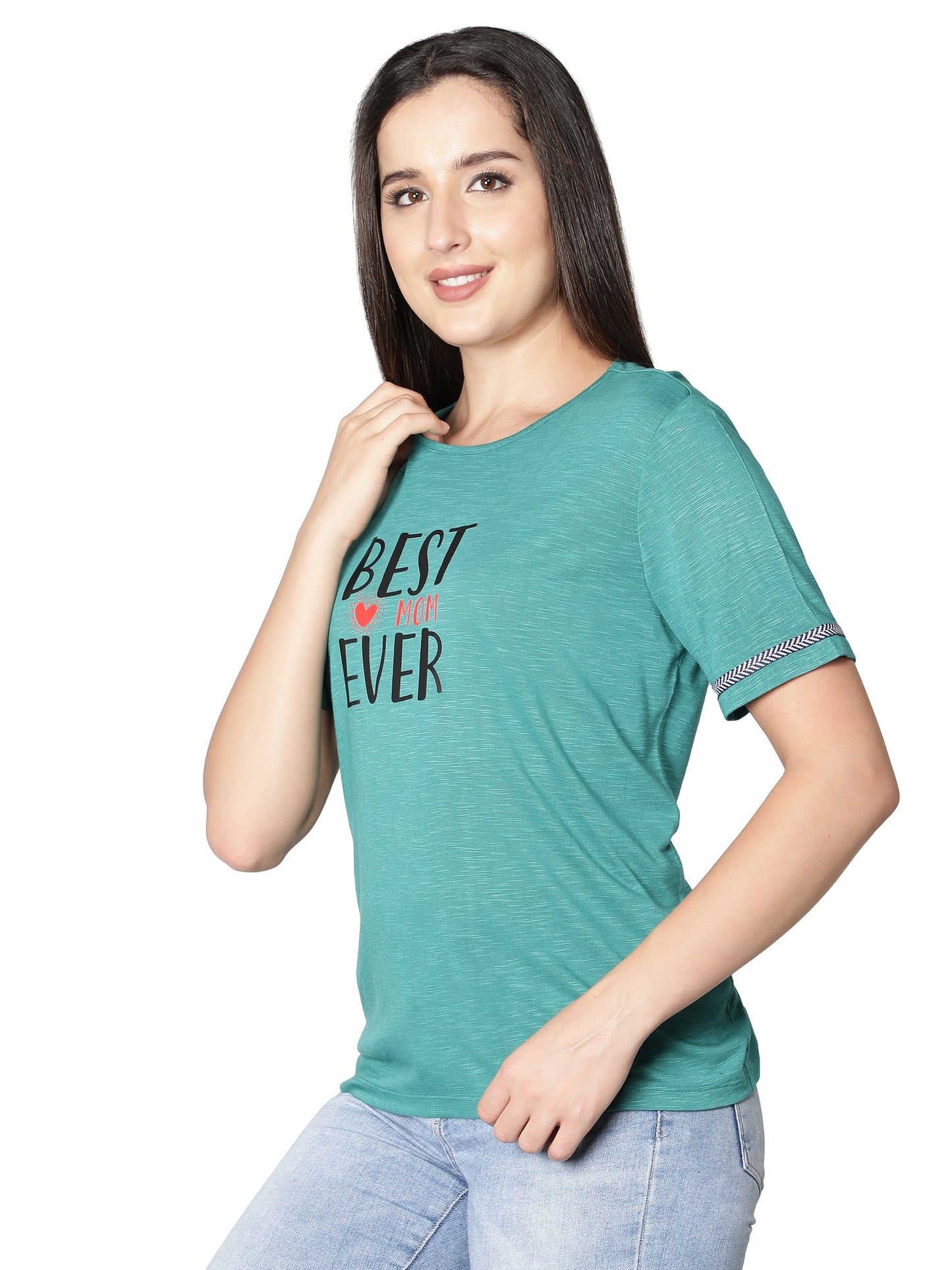 NUEVOSDAMAS Women Rayon Printed T-Shirt (Teal)