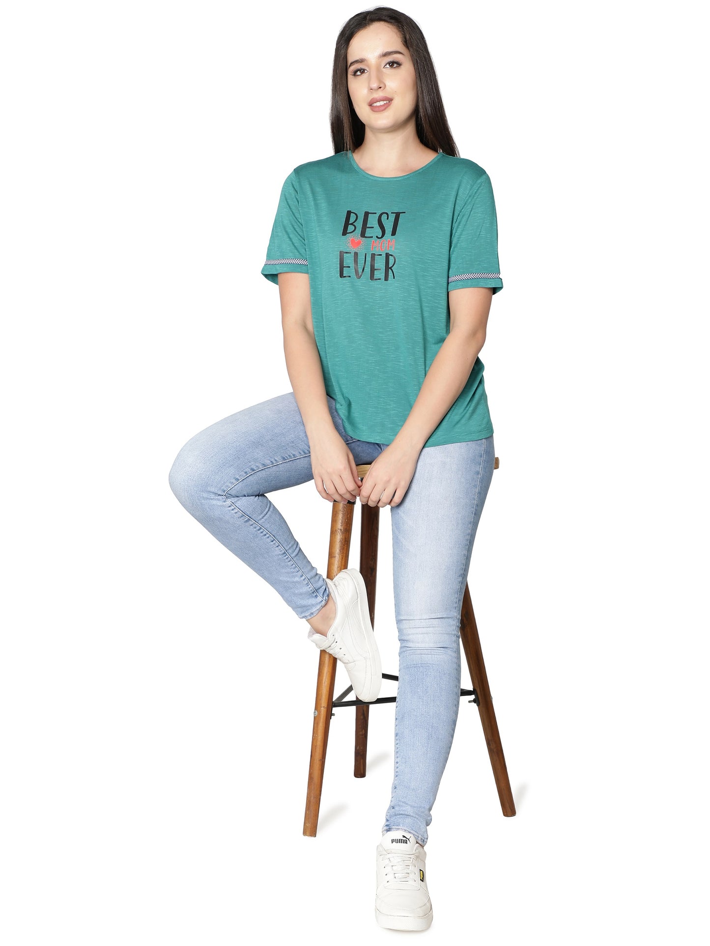 NUEVOSDAMAS Women Rayon Printed T-Shirt (Teal)