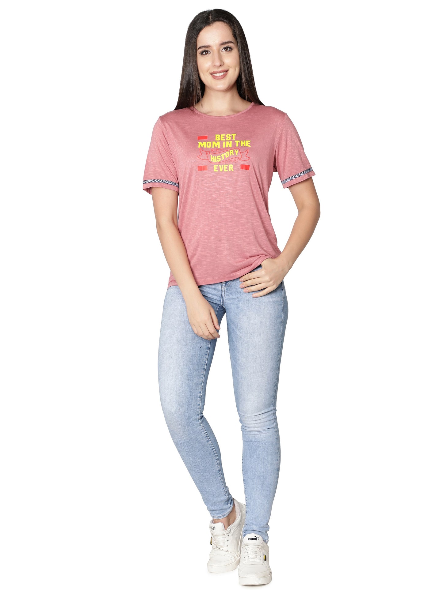 NUEVOSDAMAS Women Rayon Printed Pink T-Shirt