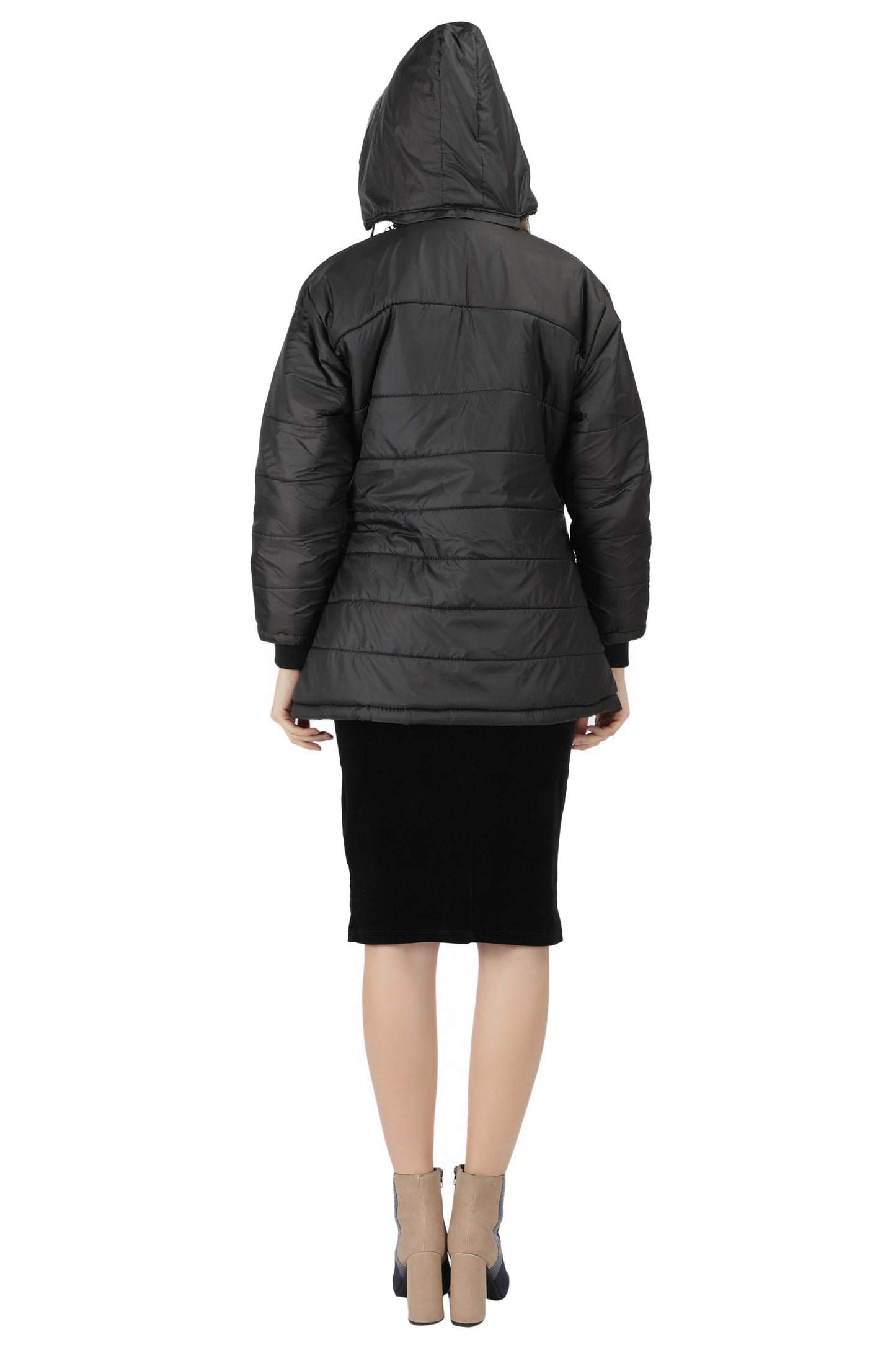 NUEVOSDAMAS Women Solid Black Full Sleeve Puffer Jacket With Detachable Hood
