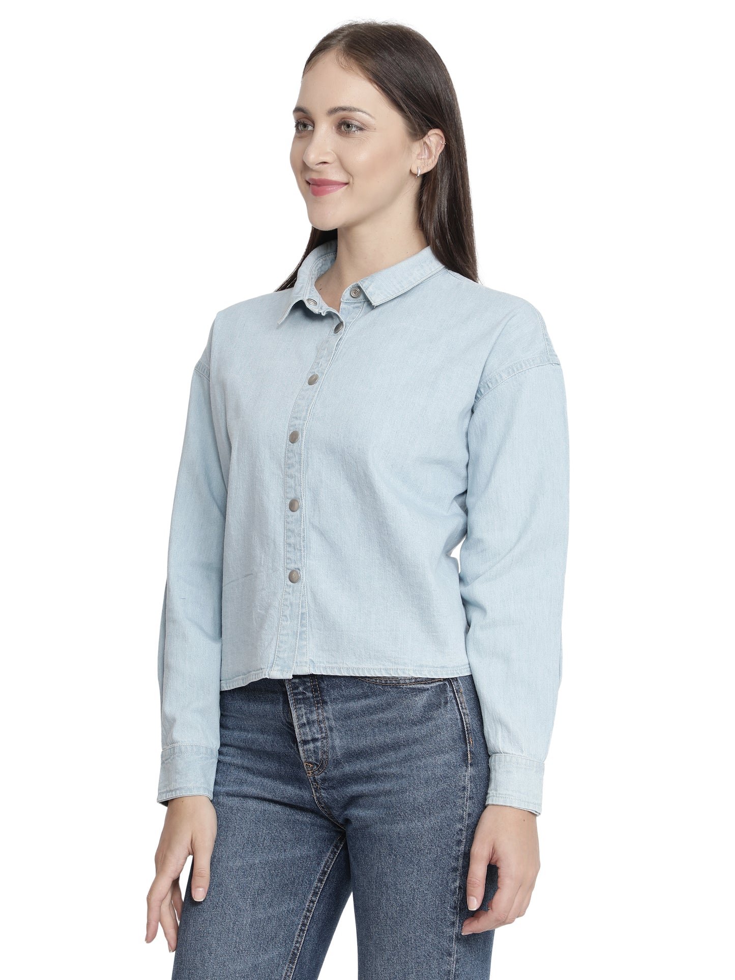 Women Regular Fit Solid Curved Collar Casual Shirt