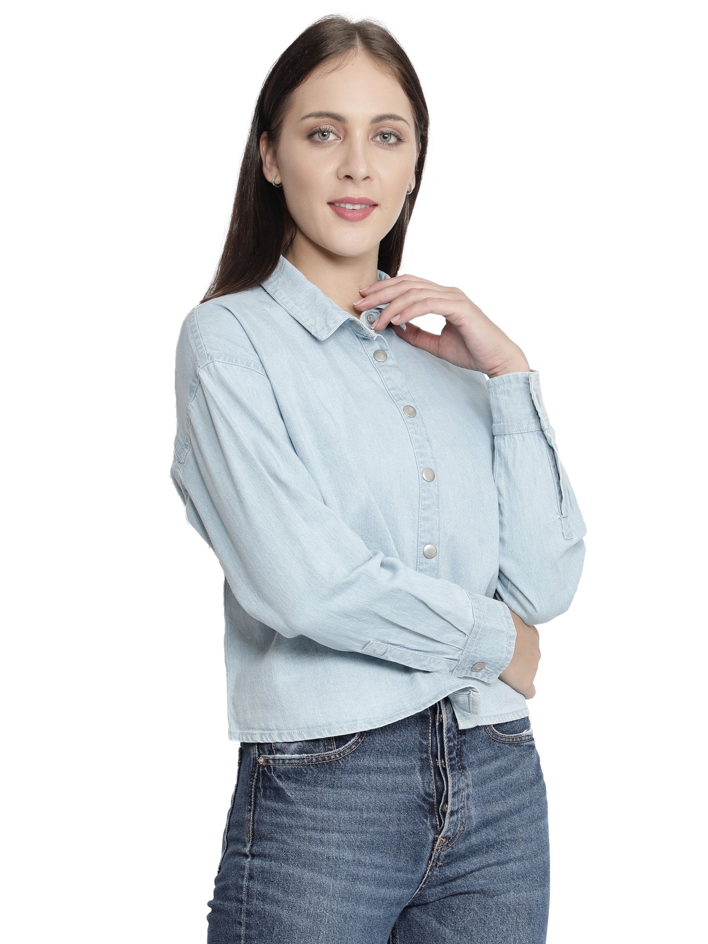 Women Regular Fit Solid Curved Collar Casual Shirt