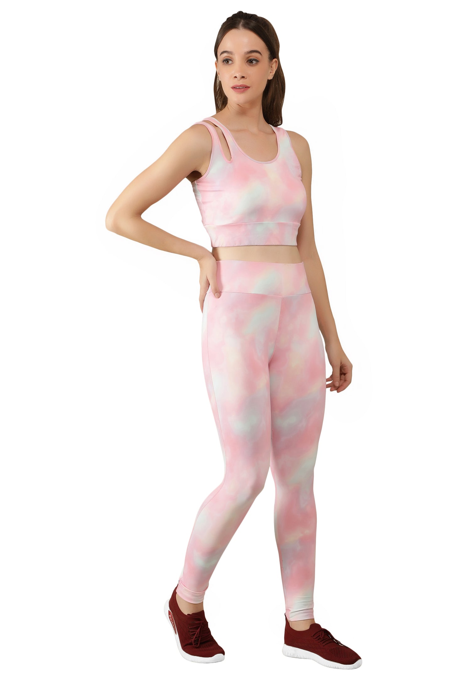 NUEVOSDAMAS Tie & Dye Women Active WearTracksuit | Gym Wear Padded Top And Bottom Set | Dry Fit Women Active Wear Combo Set_Pink