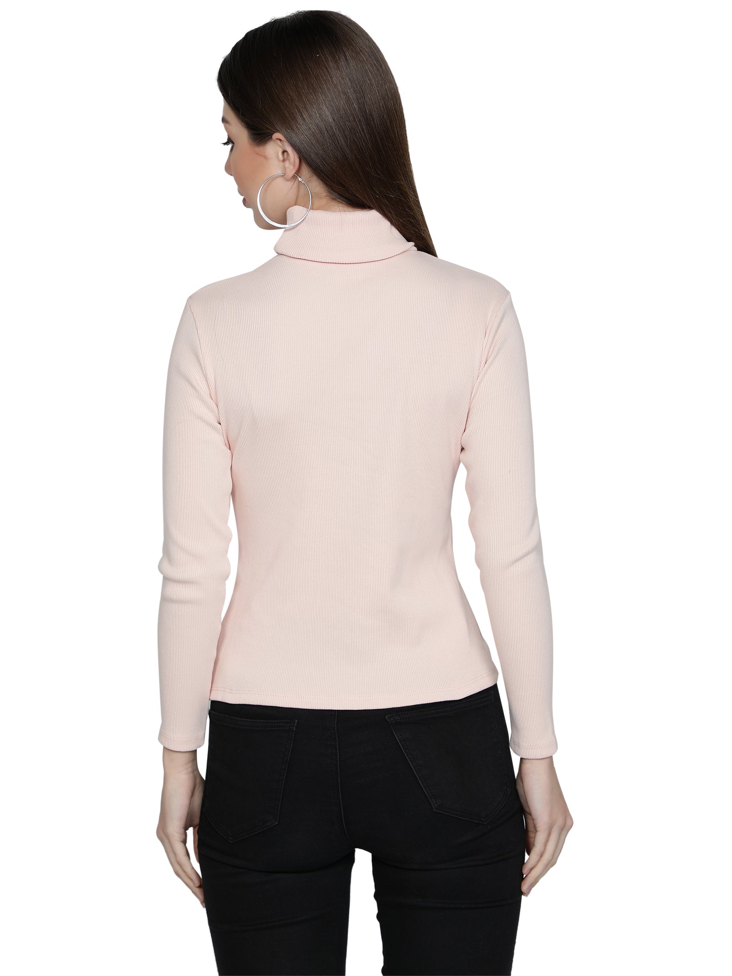 Women Roll-Up Ribbed Solid Light Pink High Neck Tops Turtle Neck Top for Women