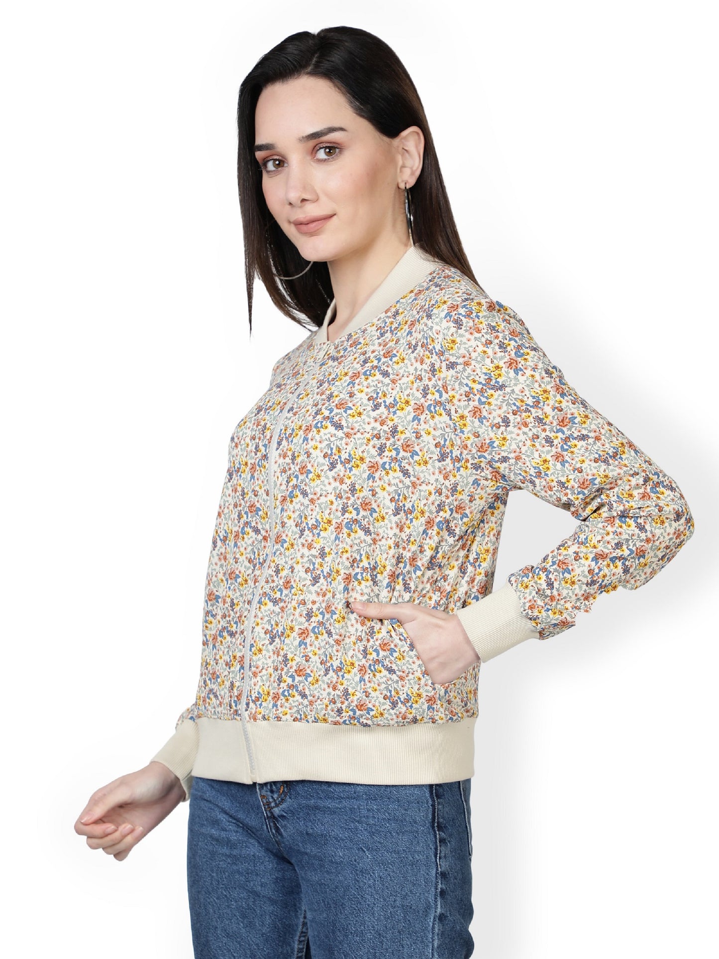 American Crepe Floral Print Multi Color Light Weight Jacket For Women/ Full Sleeve Printed Women Bomber Jacket