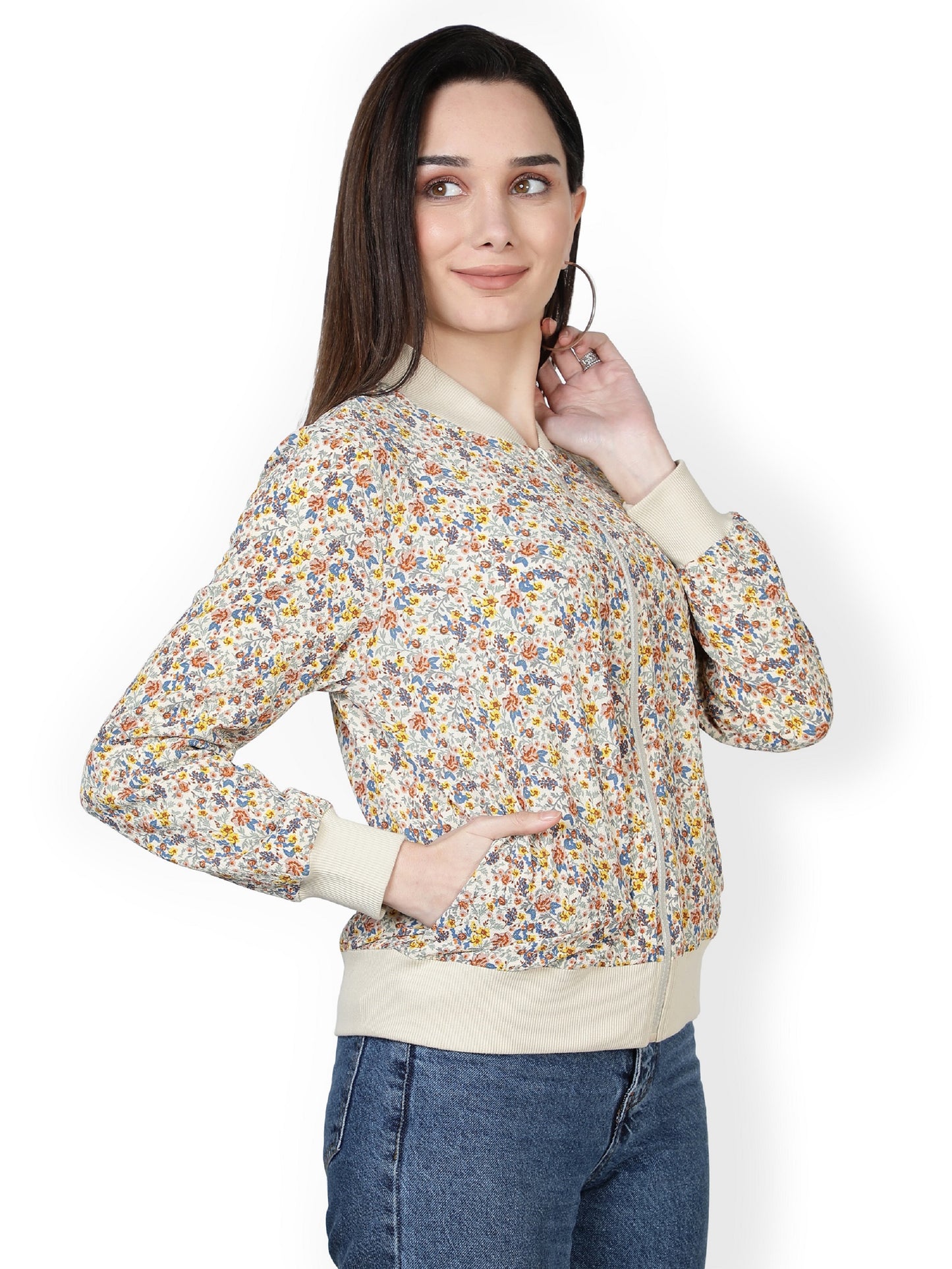 American Crepe Floral Print Multi Color Light Weight Jacket For Women/ Full Sleeve Printed Women Bomber Jacket