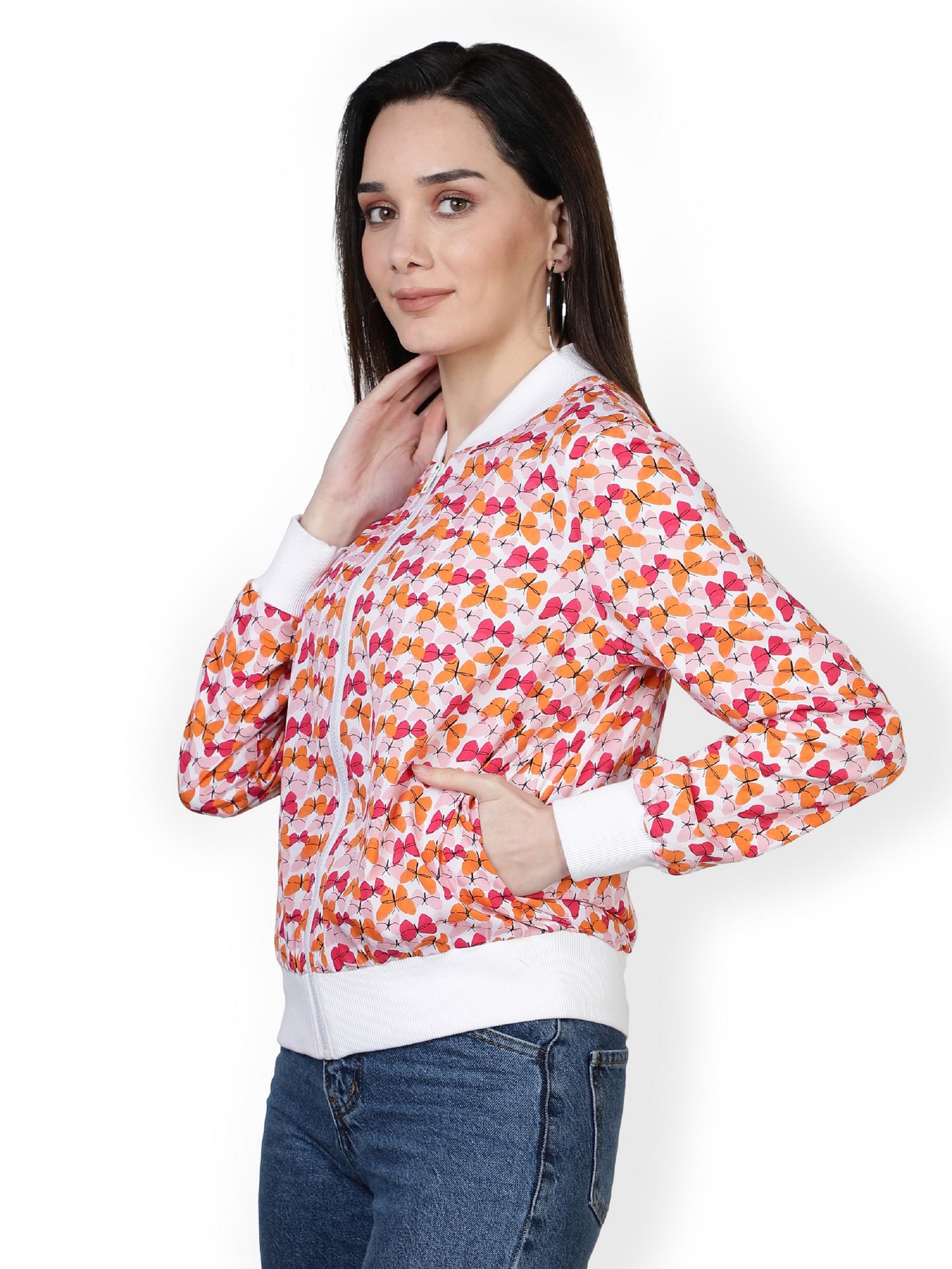 American Crepe Floral Print White Color Light Weight Jacket For Women/ Full Sleeve Printed Women Bomber Jacket