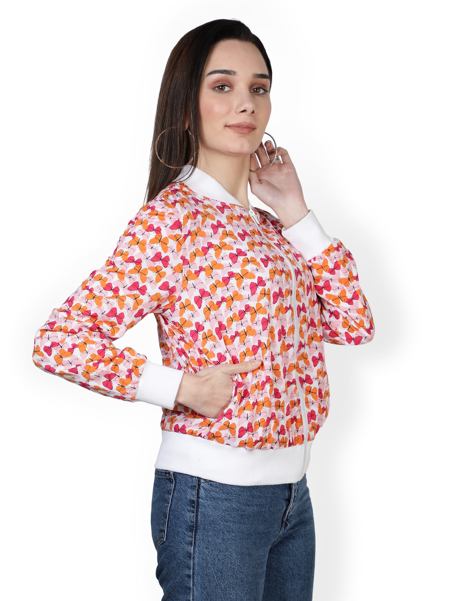 American Crepe Floral Print White Color Light Weight Jacket For Women/ Full Sleeve Printed Women Bomber Jacket