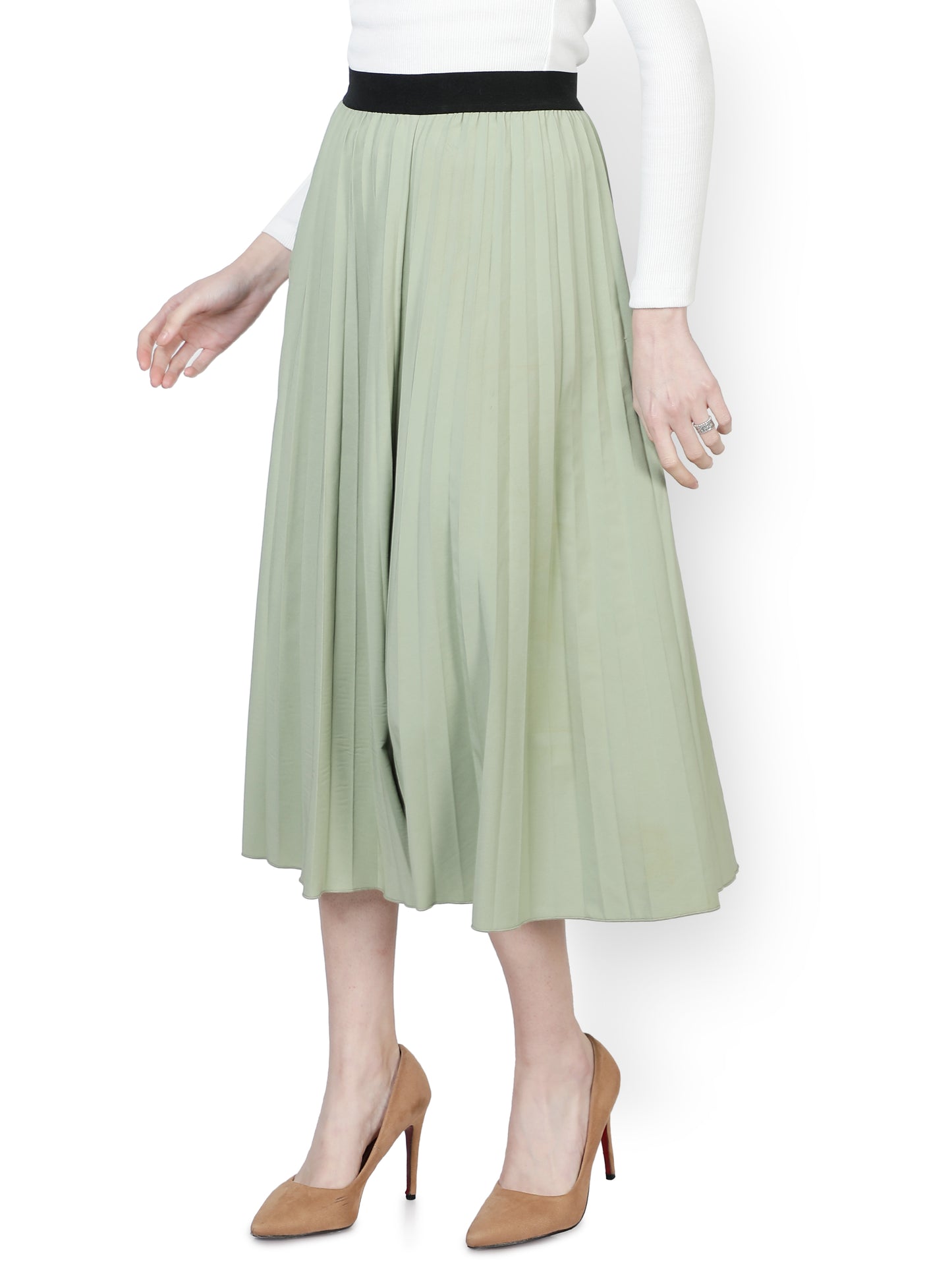 NUEVOSDAMAS Women Western Poly Lycra Solid Skirt | Latest Stylish A- Line Skirt for Summer | Party Casual Knee Length Skirt_ Green