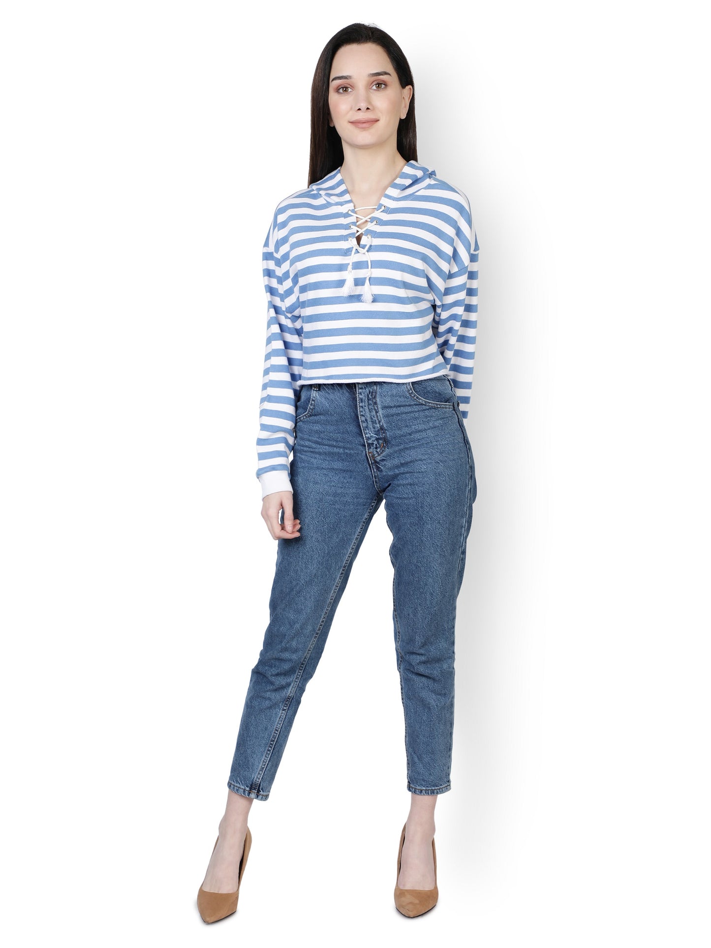 NUEVOSDAMAS Women Western Winter Wear Stripe Hooded Sweatshirt (White & Blue)