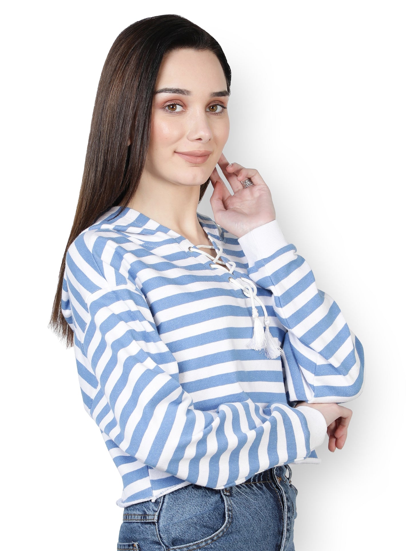 NUEVOSDAMAS Women Western Winter Wear Stripe Hooded Sweatshirt (White & Blue)