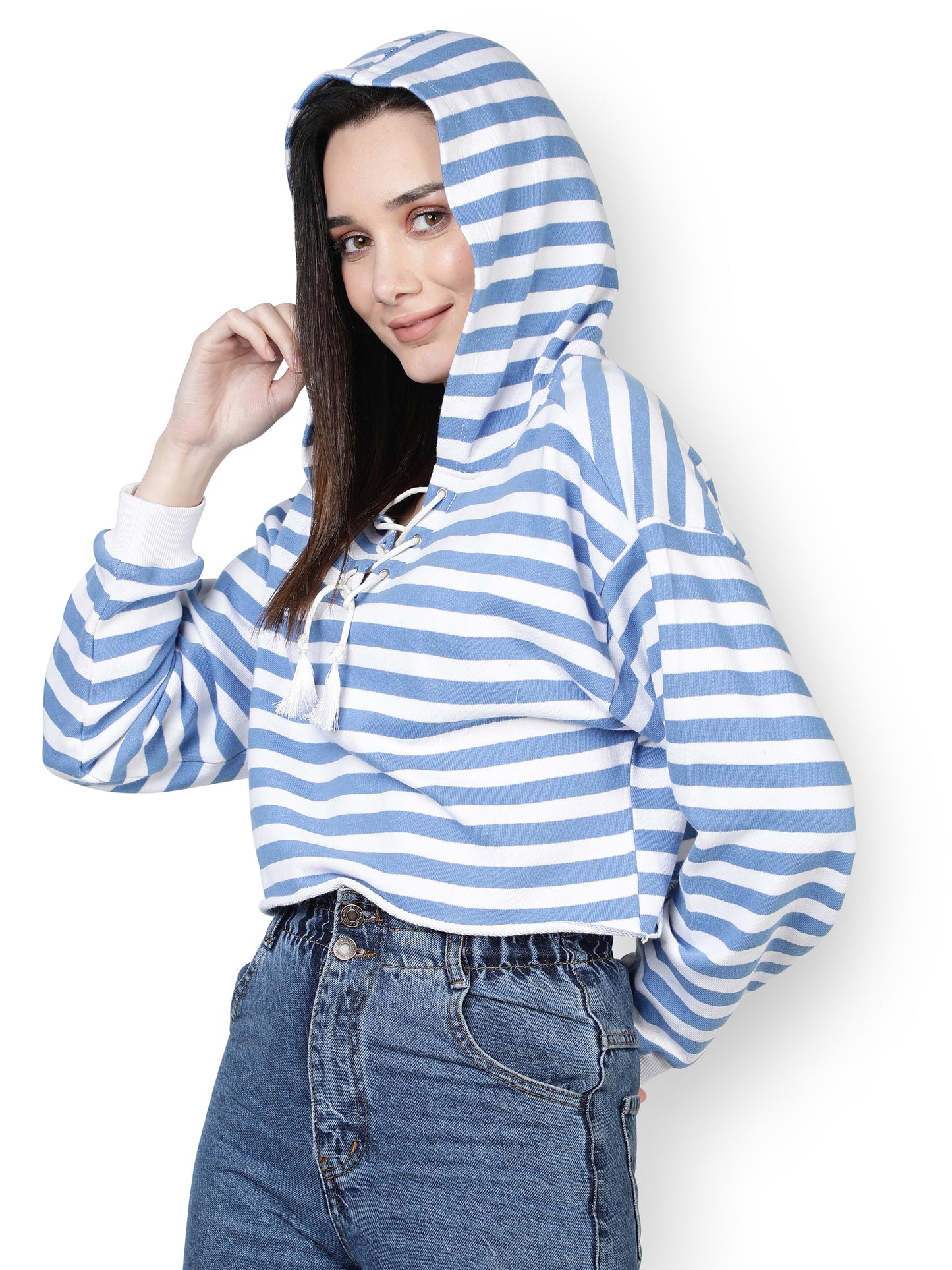 NUEVOSDAMAS Women Western Winter Wear Stripe Hooded Sweatshirt (White & Blue)