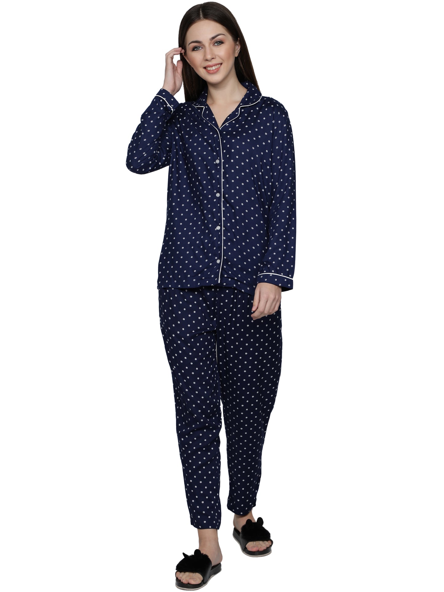 Women Polka Print Blue Night Suit Set freeshipping - NUEVOSDAMAS
