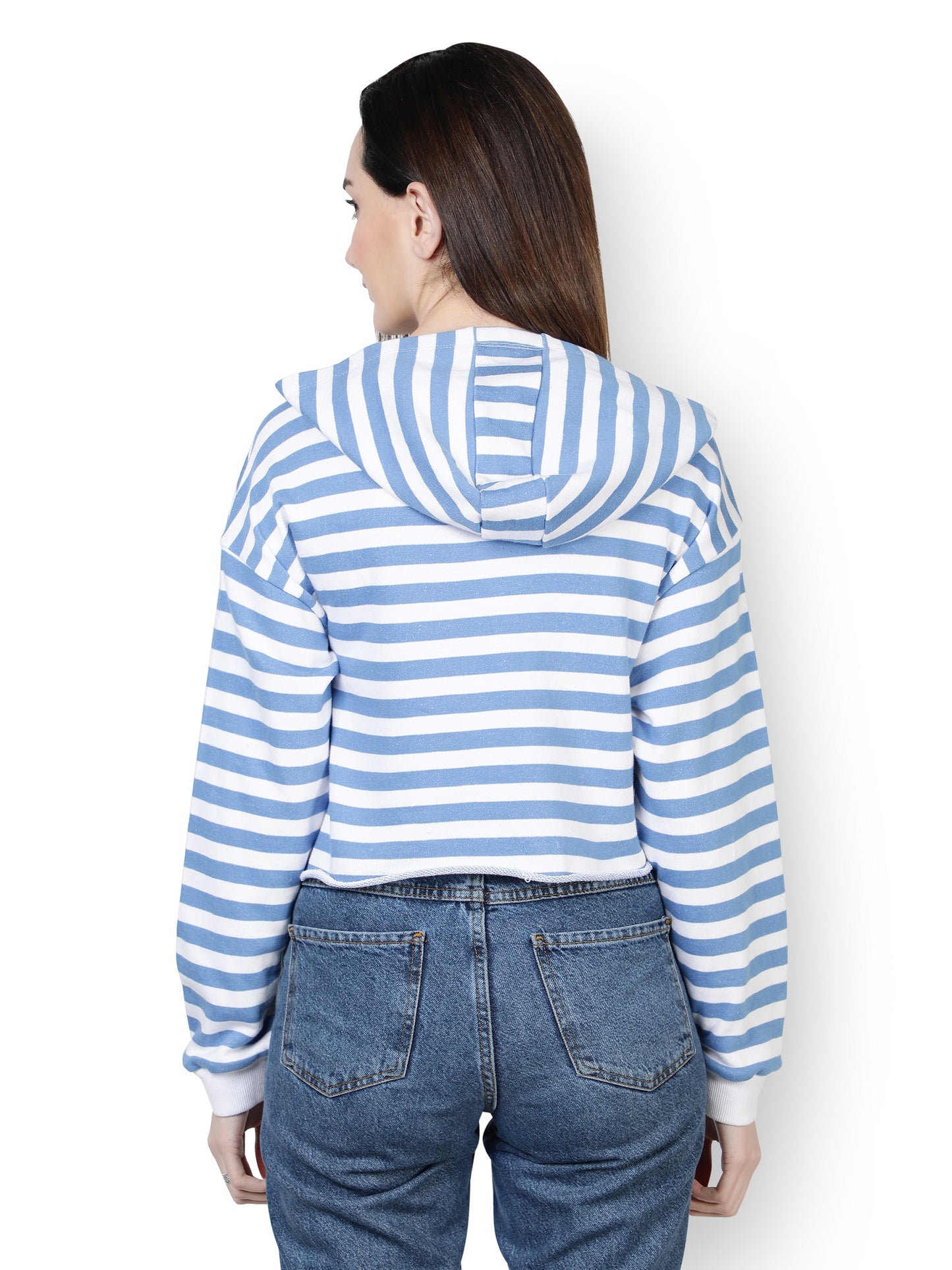 NUEVOSDAMAS Women Western Winter Wear Stripe Hooded Sweatshirt (White & Blue)
