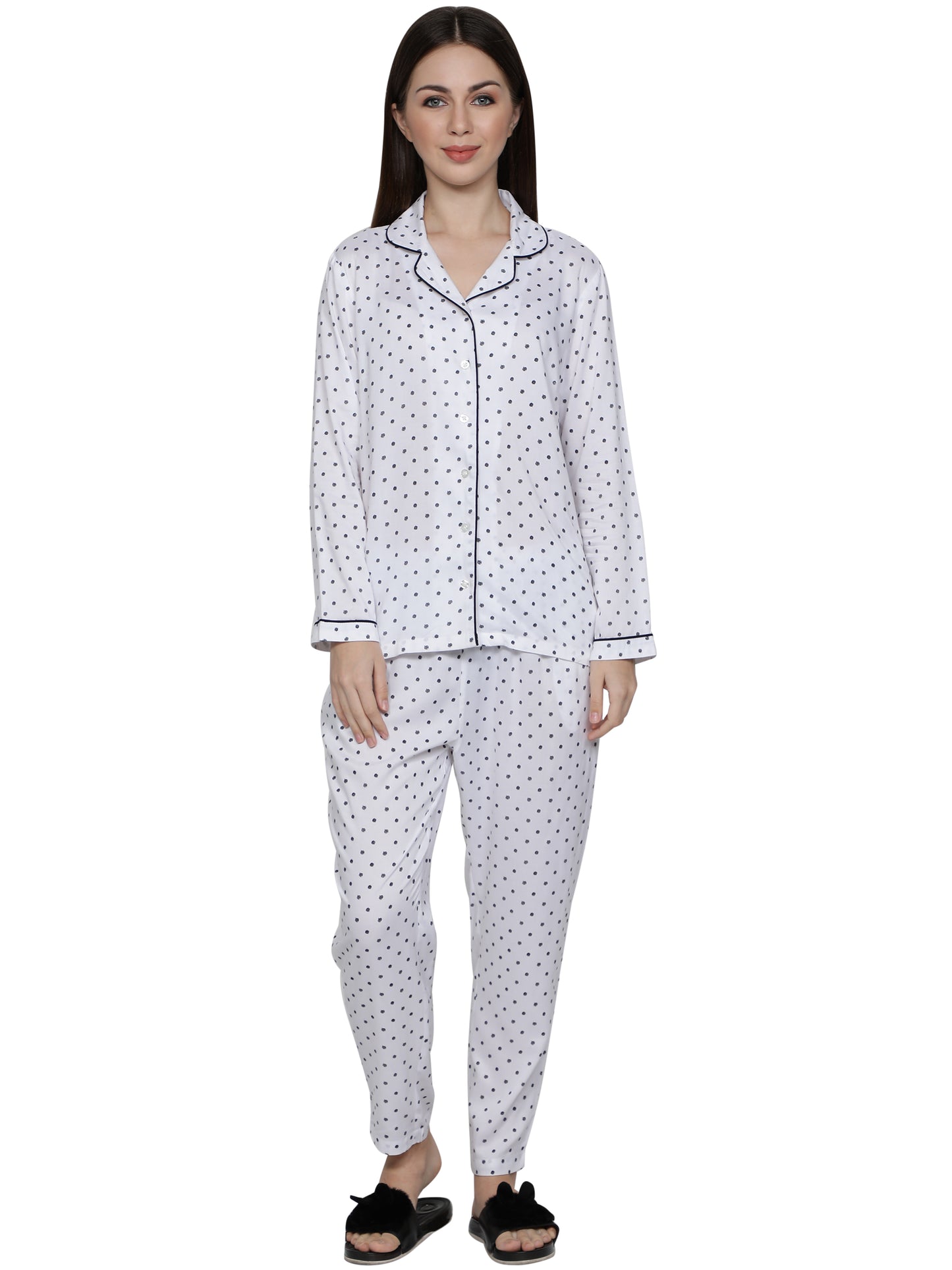 Women Polka Print Blue Night Suit Set freeshipping - NUEVOSDAMAS