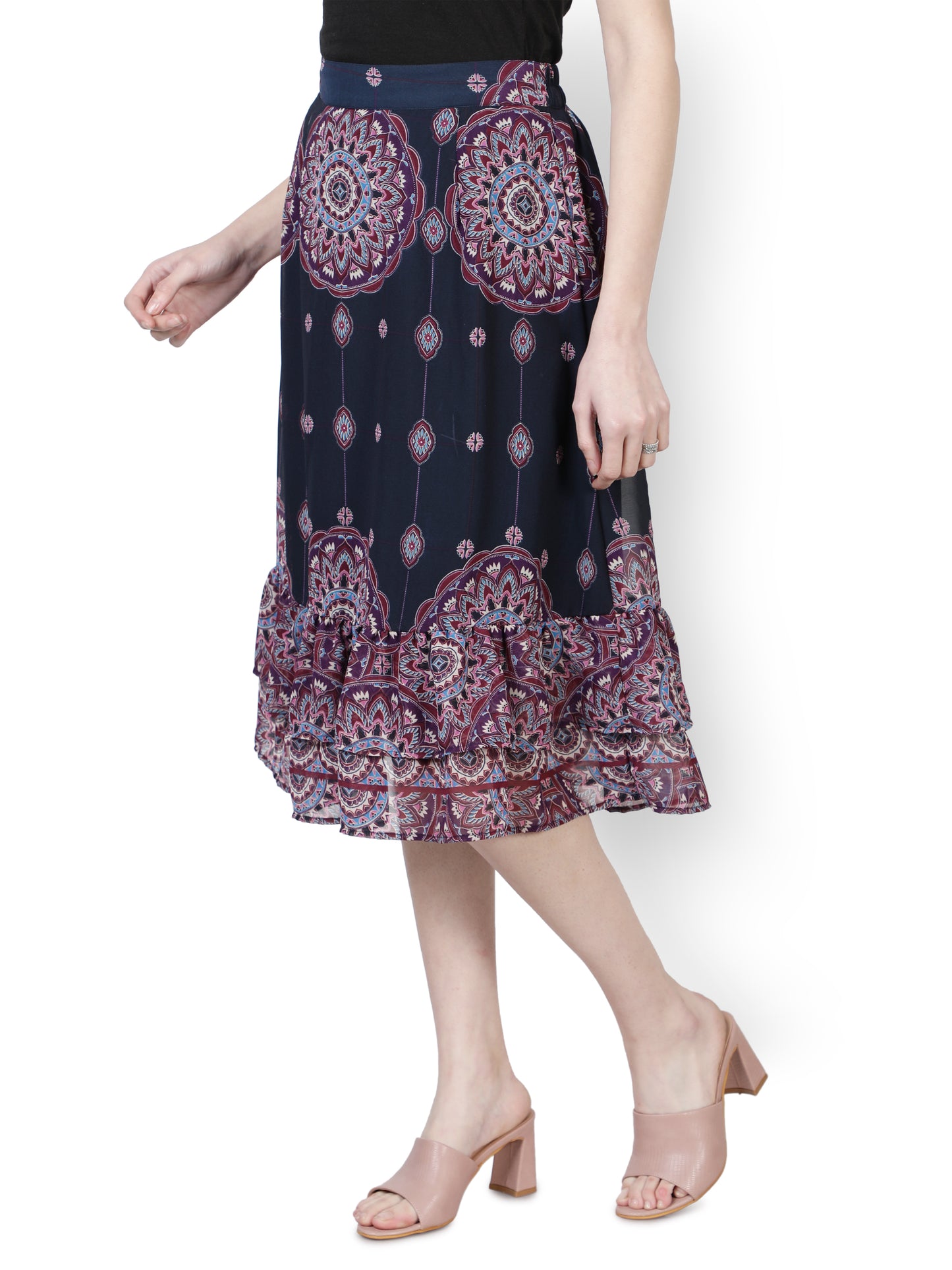 NUEVOSDAMAS Women Western Floral Printed A- Line Skirt | Frill Skirt for Summer | Casual Rayon Knee Length Ruffled Skirt