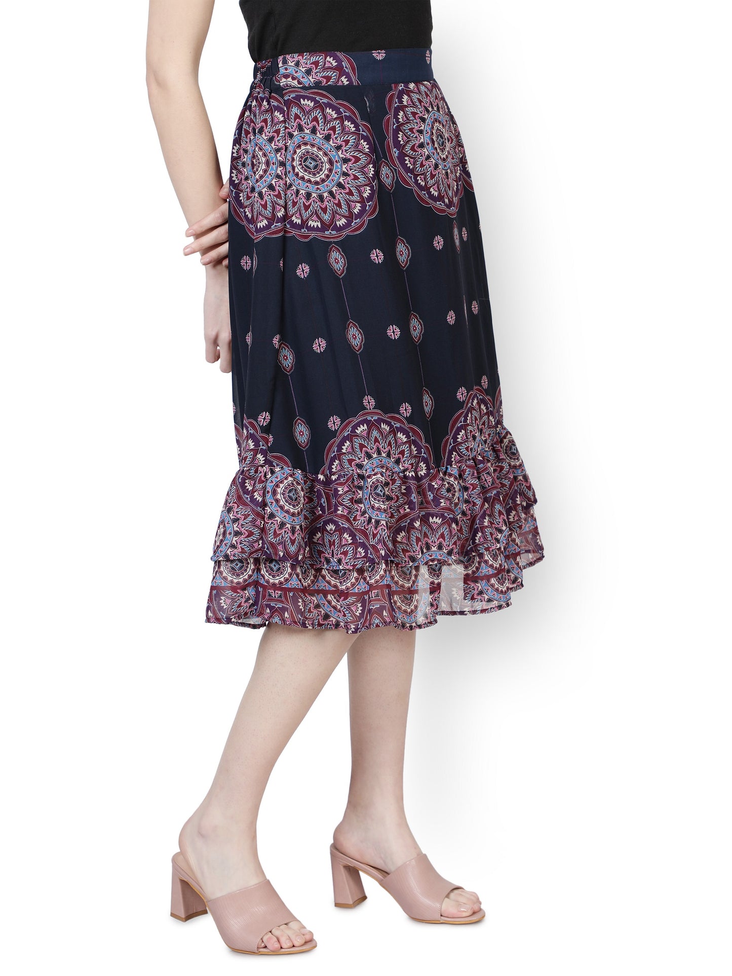 NUEVOSDAMAS Women Western Floral Printed A- Line Skirt | Frill Skirt for Summer | Casual Rayon Knee Length Ruffled Skirt