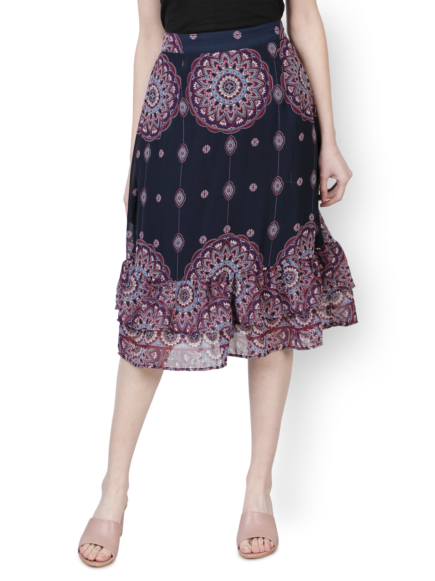 NUEVOSDAMAS Women Western Floral Printed A- Line Skirt | Frill Skirt for Summer | Casual Rayon Knee Length Ruffled Skirt