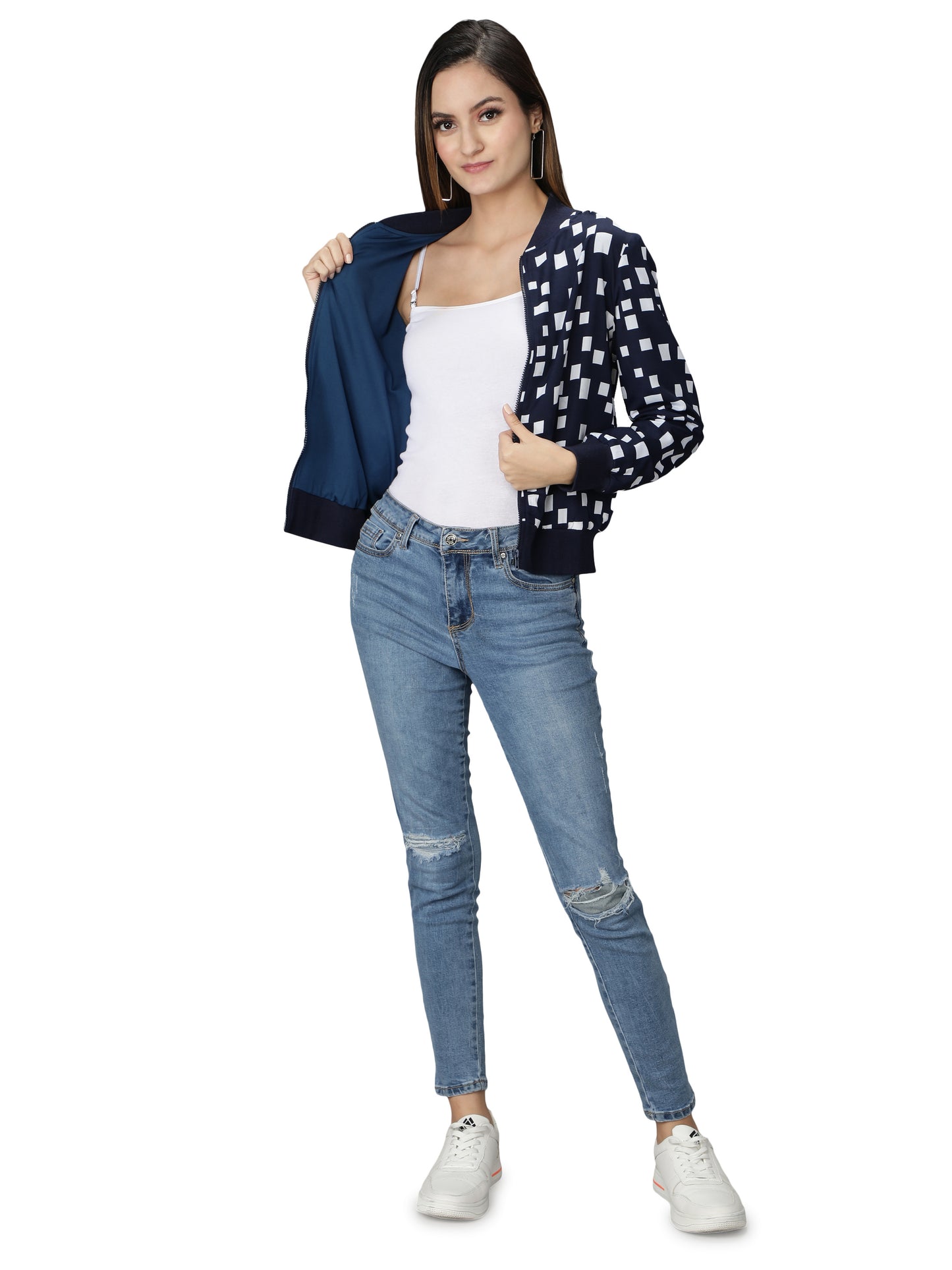 NUEVOSDAMAS Women Winter Wear Bomber jacket I Latest Stylish Geometric Printed Women Jacket I Light Weighted Crepe Jacket for women