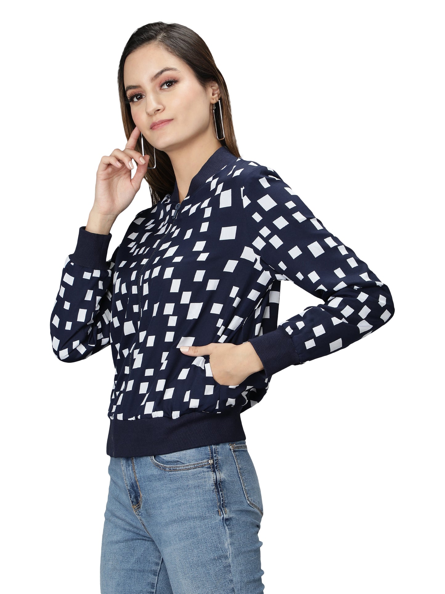 NUEVOSDAMAS Women Winter Wear Bomber jacket I Latest Stylish Geometric Printed Women Jacket I Light Weighted Crepe Jacket for women