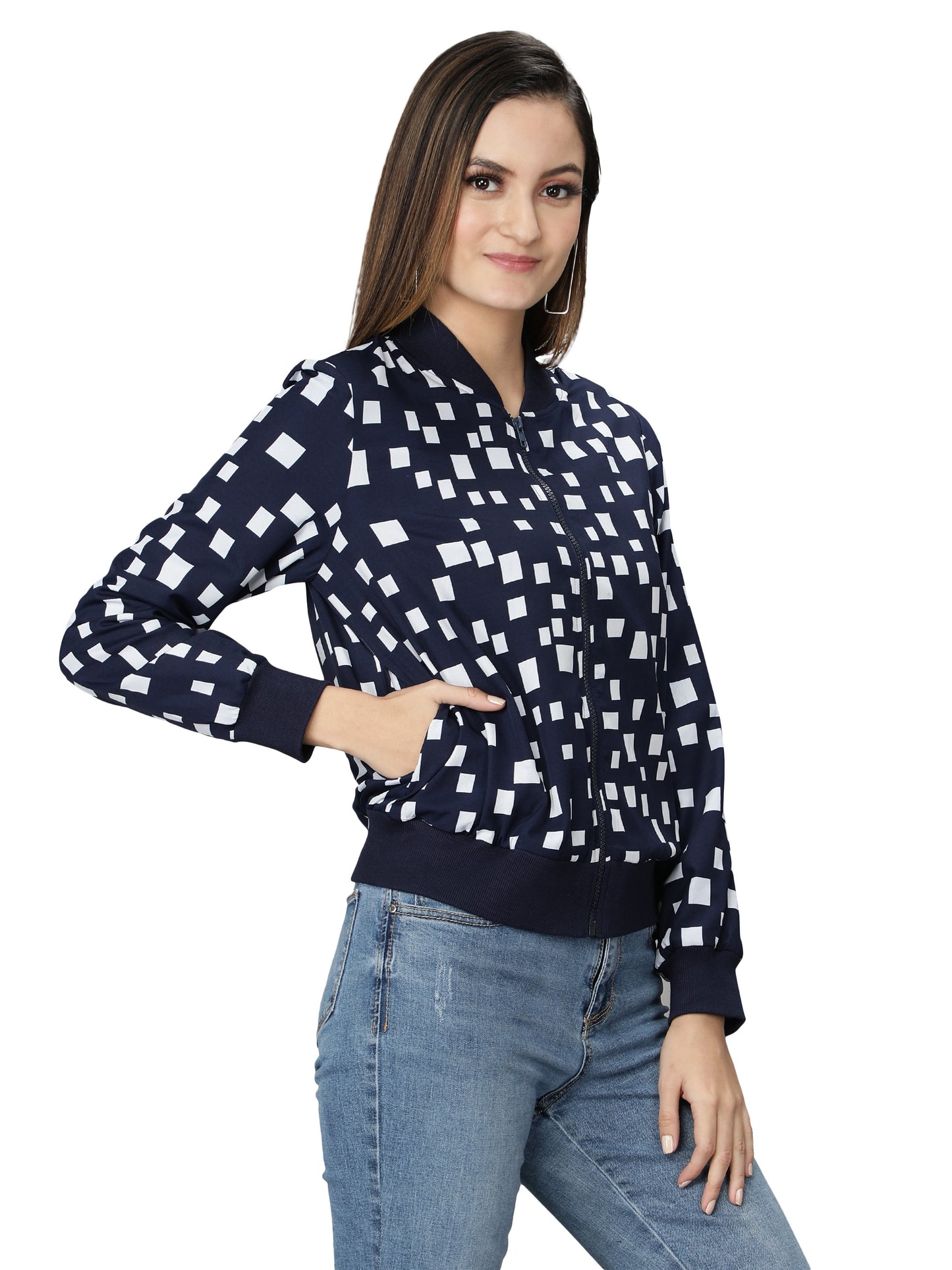 NUEVOSDAMAS Women Winter Wear Bomber jacket I Latest Stylish Geometric Printed Women Jacket I Light Weighted Crepe Jacket for women