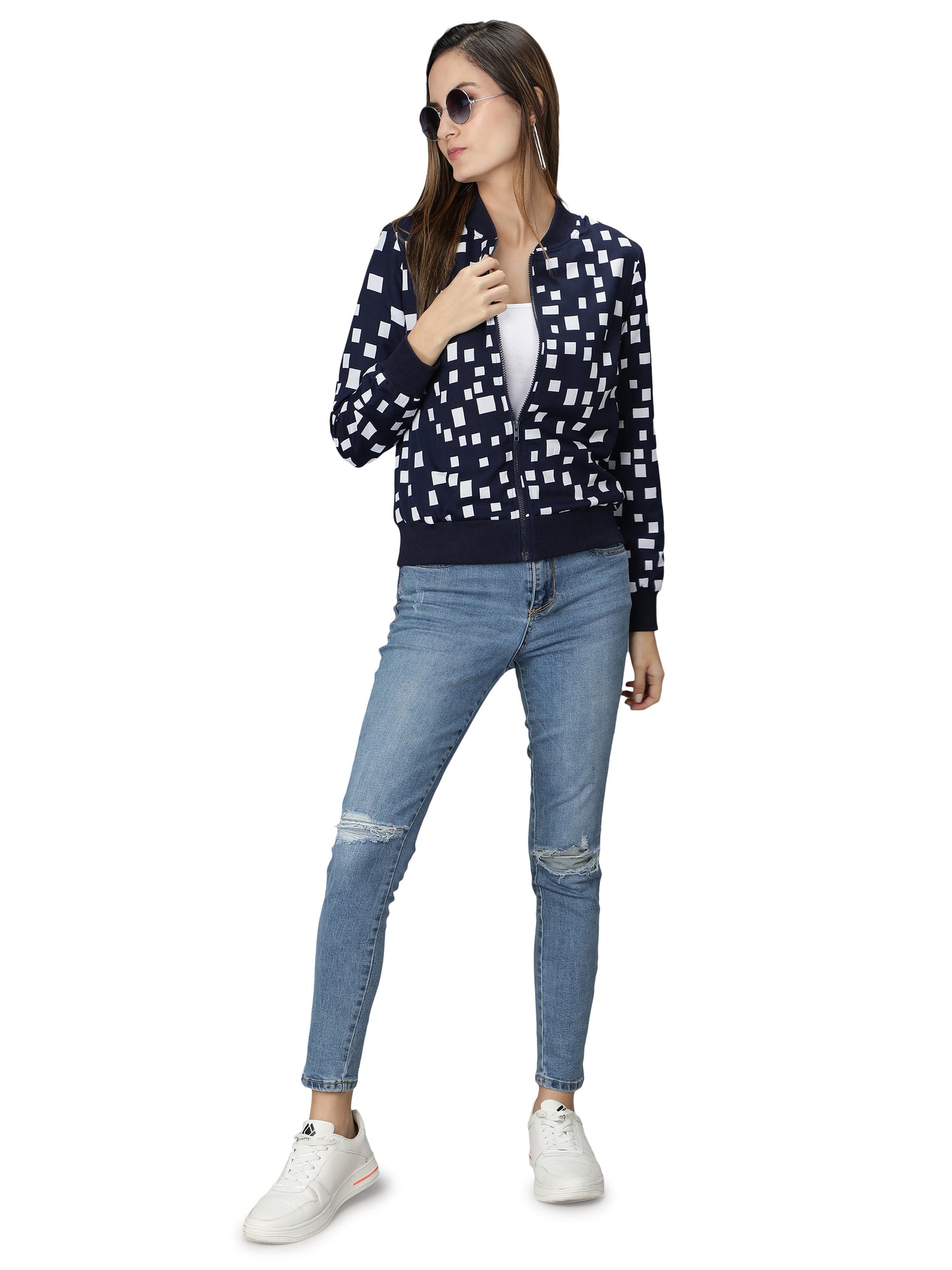 NUEVOSDAMAS Women Winter Wear Bomber jacket I Latest Stylish Geometric Printed Women Jacket I Light Weighted Crepe Jacket for women