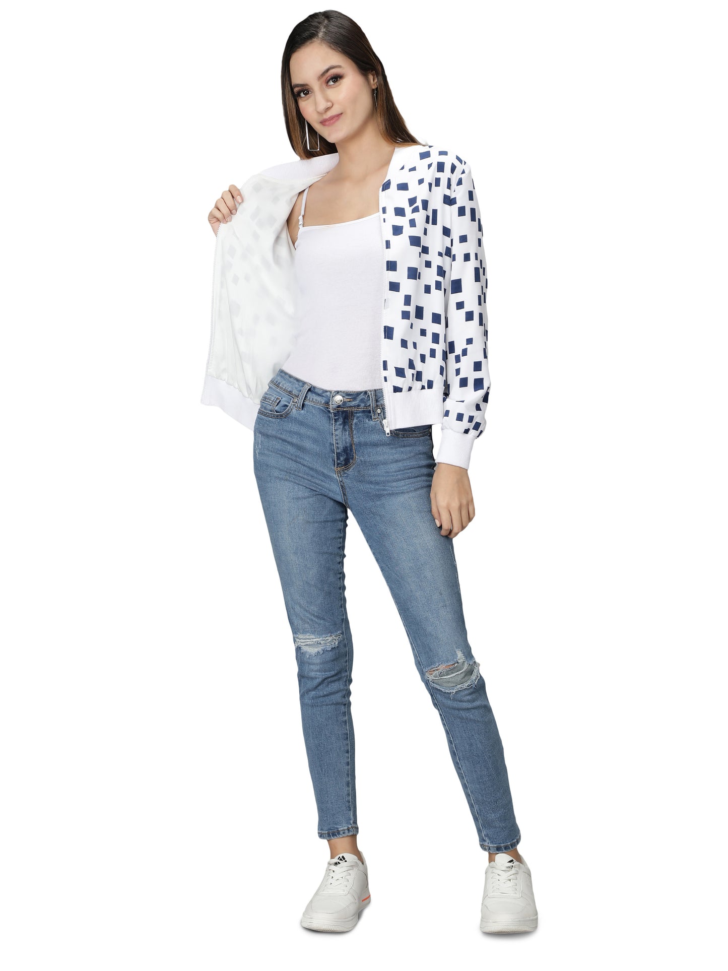 NUEVOSDAMAS Women Winter Wear Bomber jacket I Latest Stylish Geometric Printed Women Jacket I Light Weighted Crepe Jacket for women