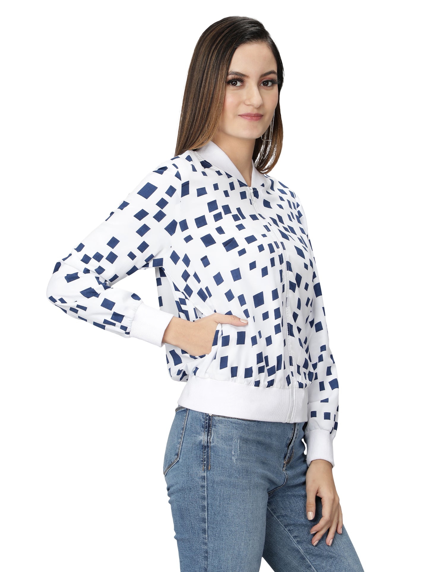 NUEVOSDAMAS Women Winter Wear Bomber jacket I Latest Stylish Geometric Printed Women Jacket I Light Weighted Crepe Jacket for women