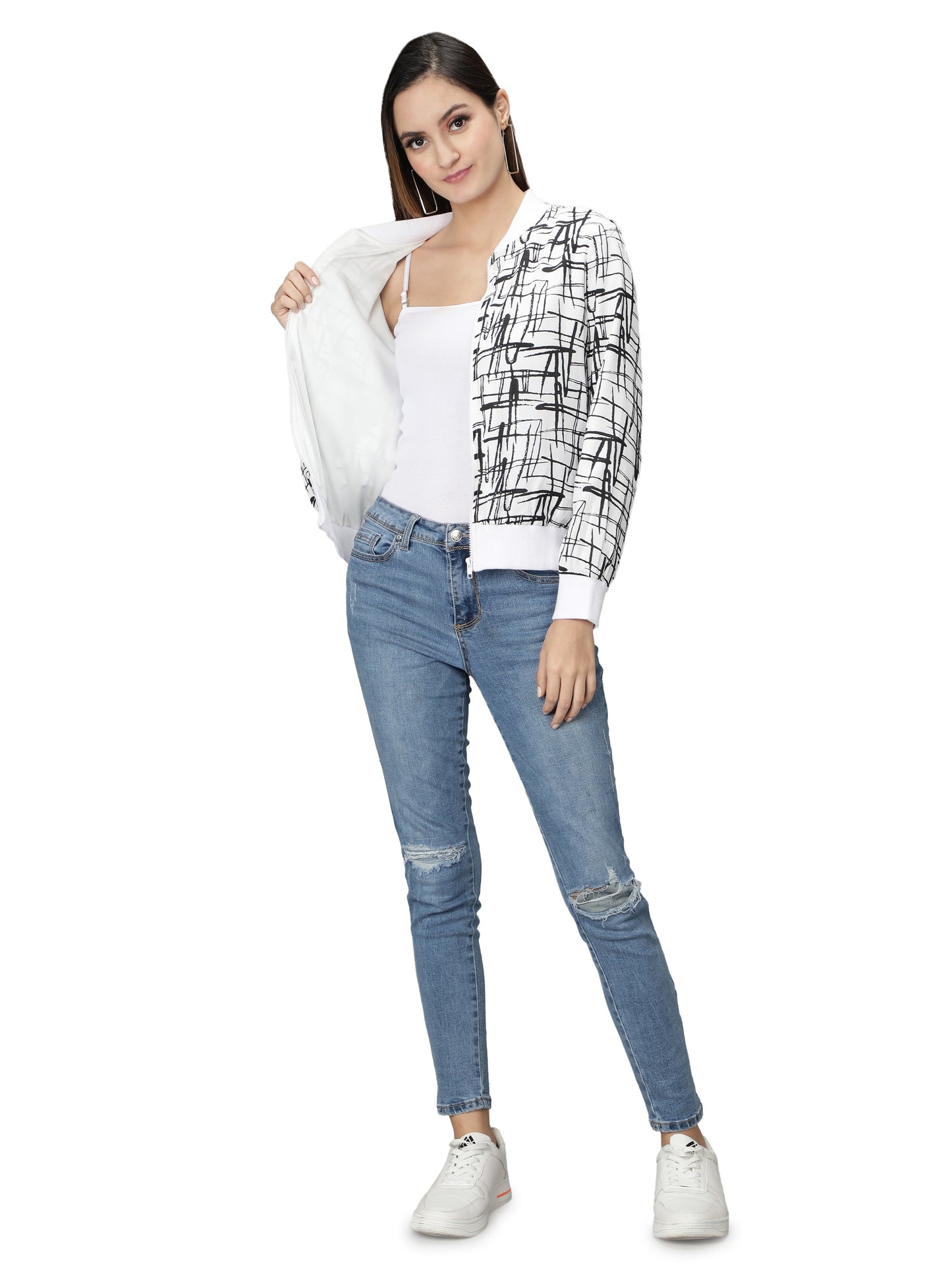 NUEVOSDAMAS Women Bomber jacket I Latest Stylish Abstract Printed Women Jacket I Light Weight Crepe Jacket for women