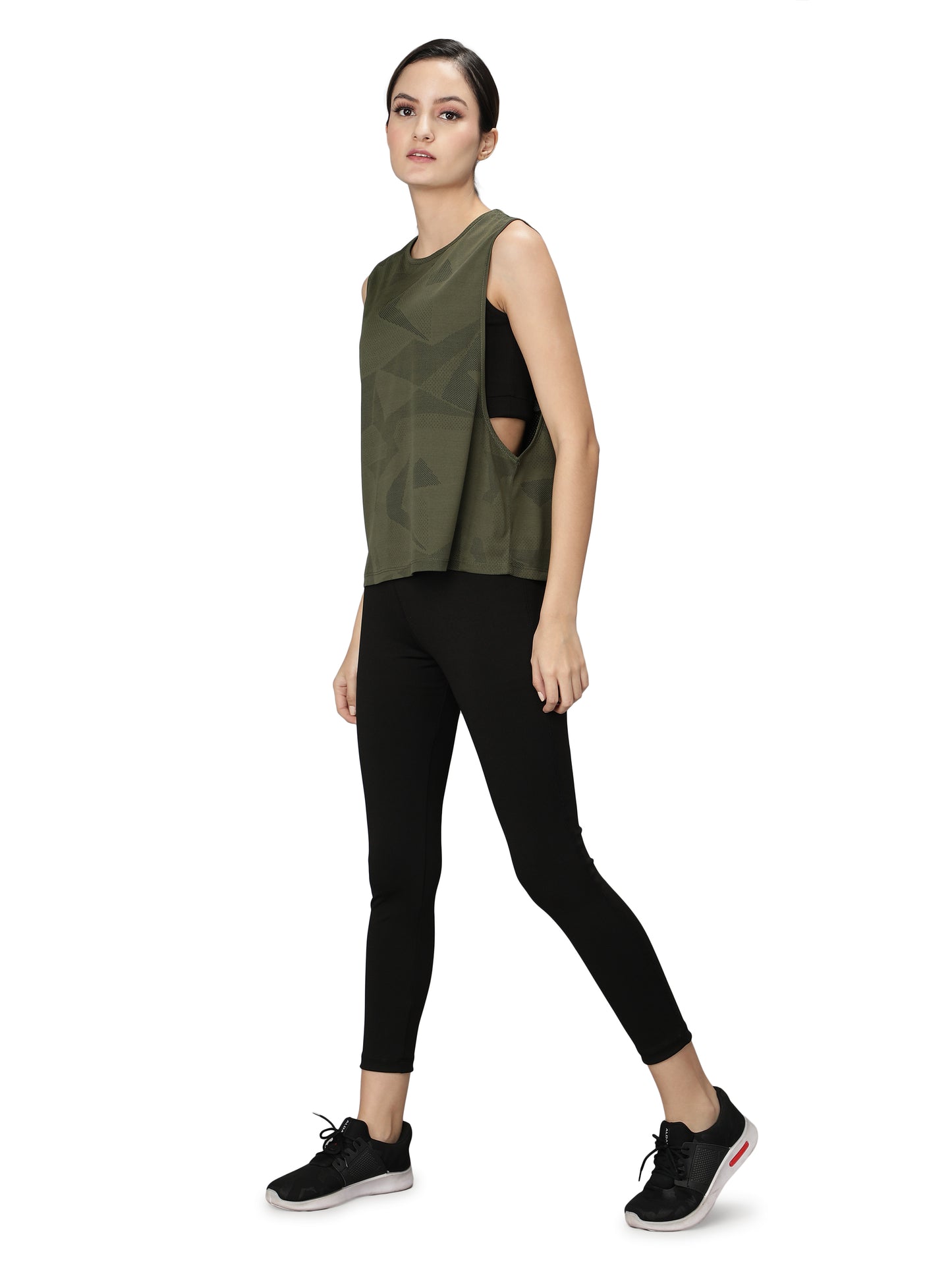 NUEVOSDAMAS SOLID BLACK DRY FIT FABRIC PADDED BRA TOP, BOTTOM SET WITH GREEN TANK TOP - 3 PCS SET