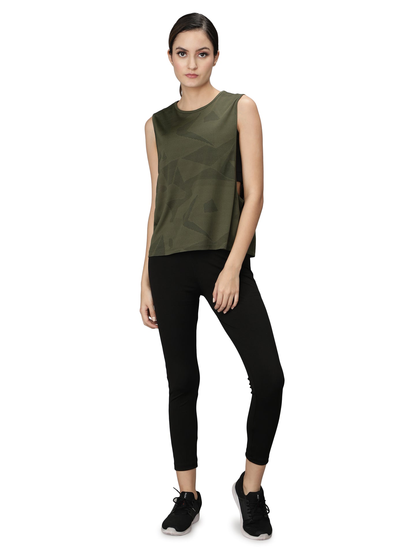 NUEVOSDAMAS SOLID BLACK DRY FIT FABRIC PADDED BRA TOP, BOTTOM SET WITH GREEN TANK TOP - 3 PCS SET