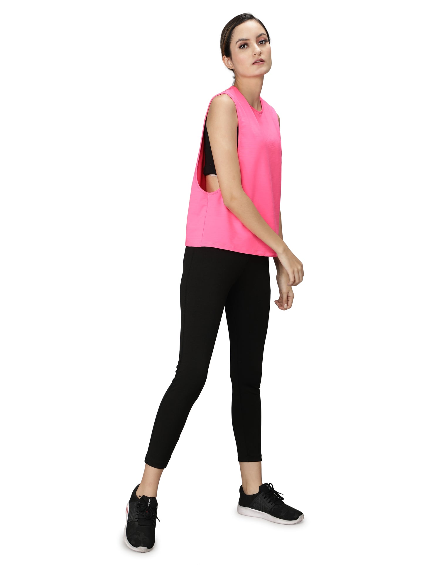 NUEVOSDAMAS SOLID BLACK DRY FIT FABRIC PADDED BRA TOP, BOTTOM SET WITH PINK TANK TOP - 3 PCS SET