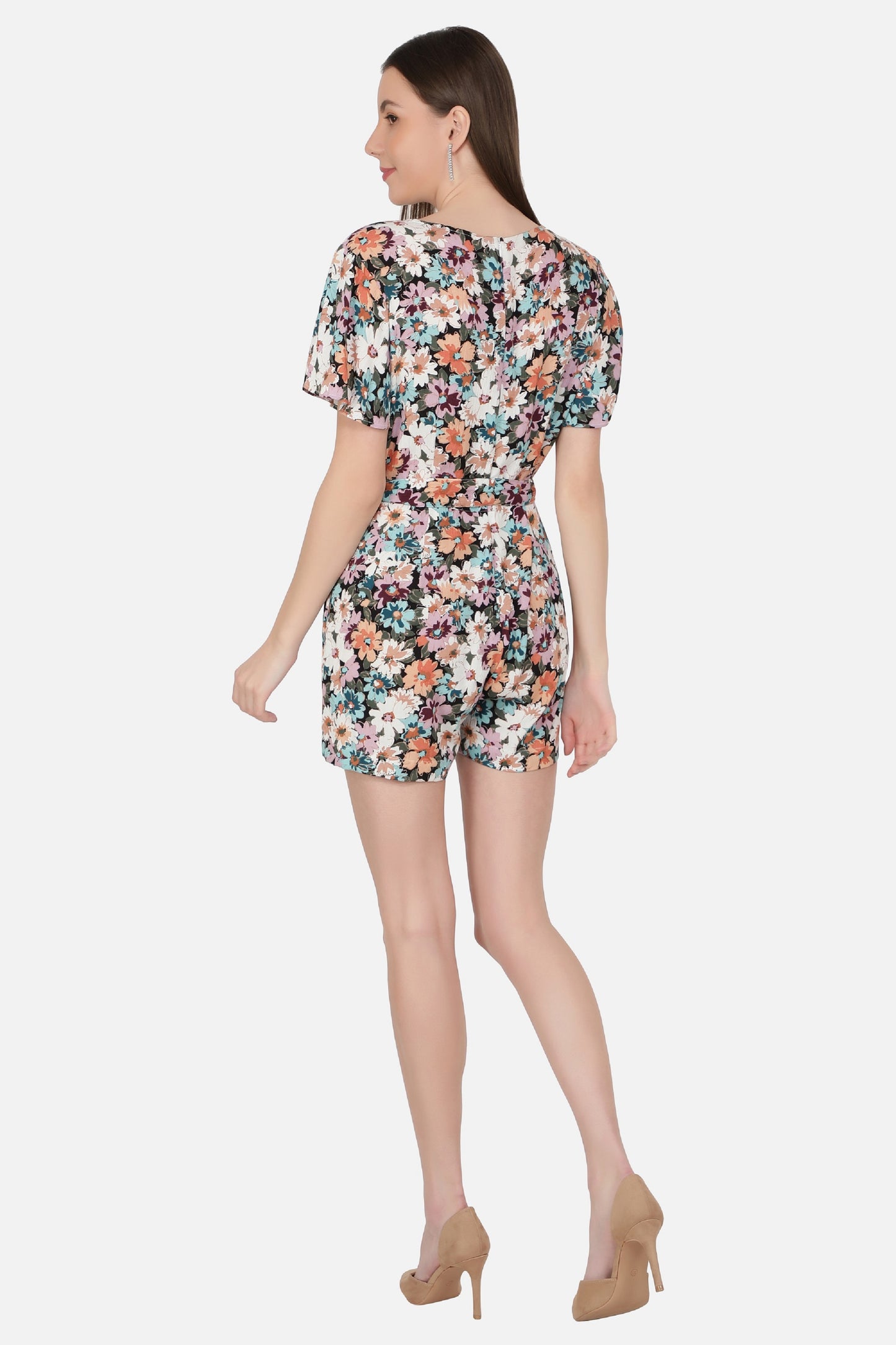 NUEVOSDAMAS Women's Summer V Neck Jumpsuits Casual half Sleeves Romper Button Up Front Tie Knot Floral Printed Short Jumpsuit Rompers Playsuits