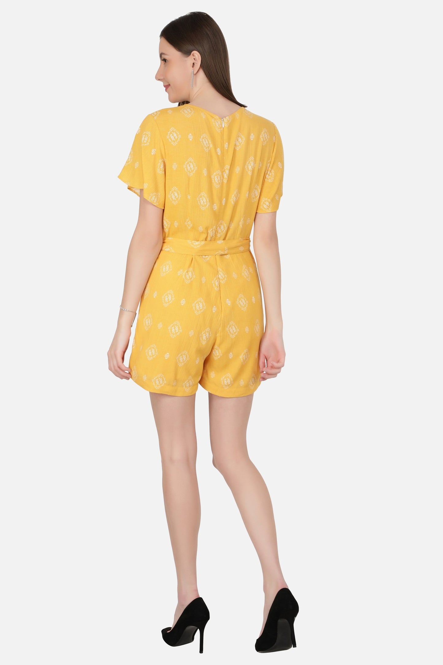 NUEVOSDAMAS Women's Summer V Neck Jumpsuits Casual half Sleeves Romper Button Up Front Tie Knot Floral Printed Short Jumpsuit Rompers Playsuits
