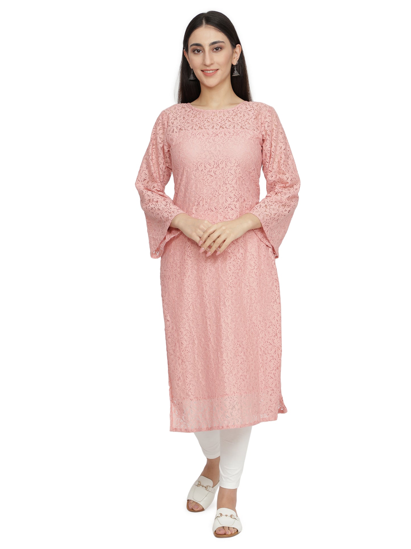 Women Printed Cotton Blend Straight Kurta (Pink) freeshipping - NUEVOSDAMAS