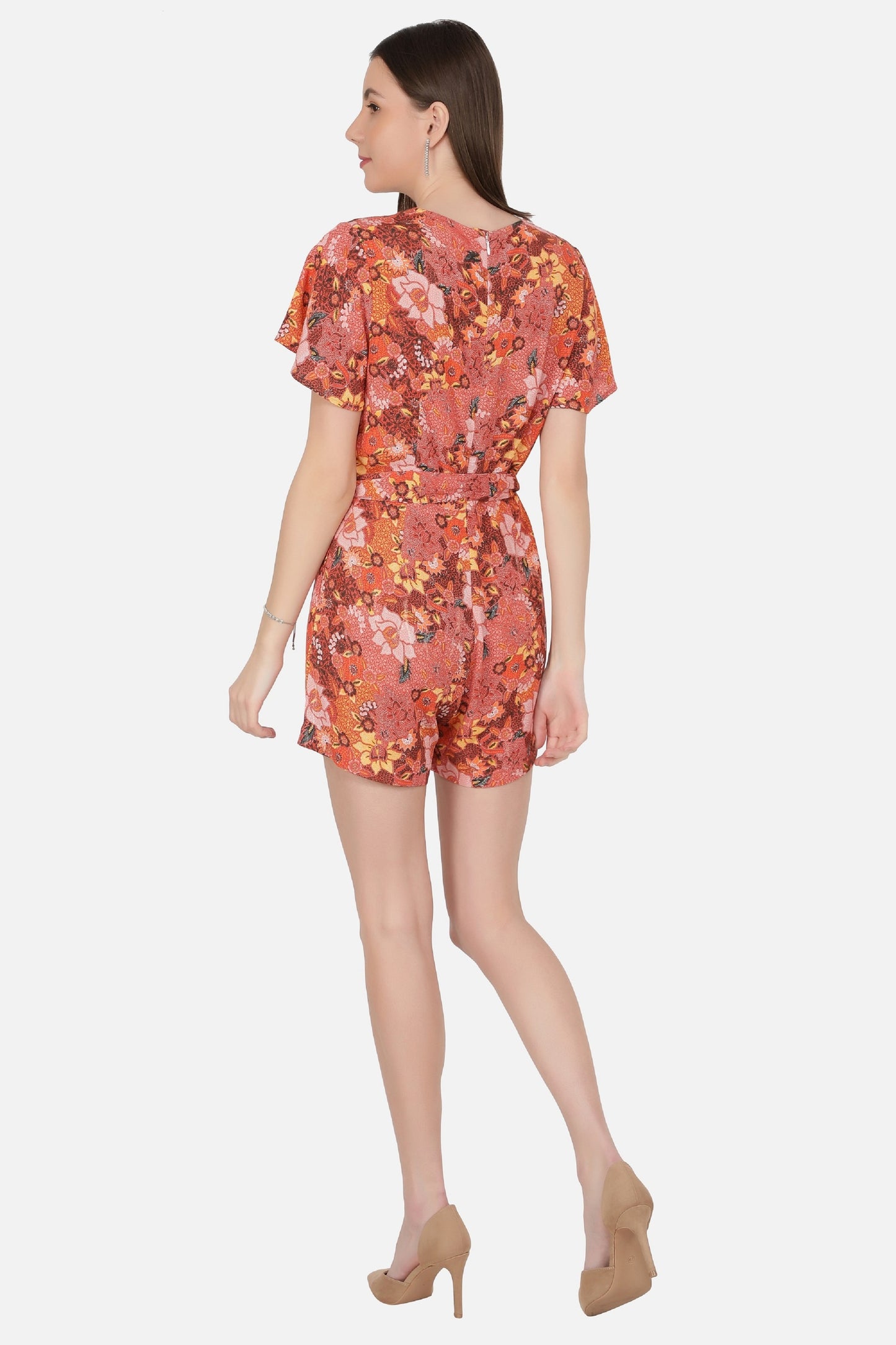 NUEVOSDAMAS Women's Summer V Neck Jumpsuits Casual half Sleeves Romper Button Up Front Tie Knot Floral Printed Short Jumpsuit Rompers Playsuits