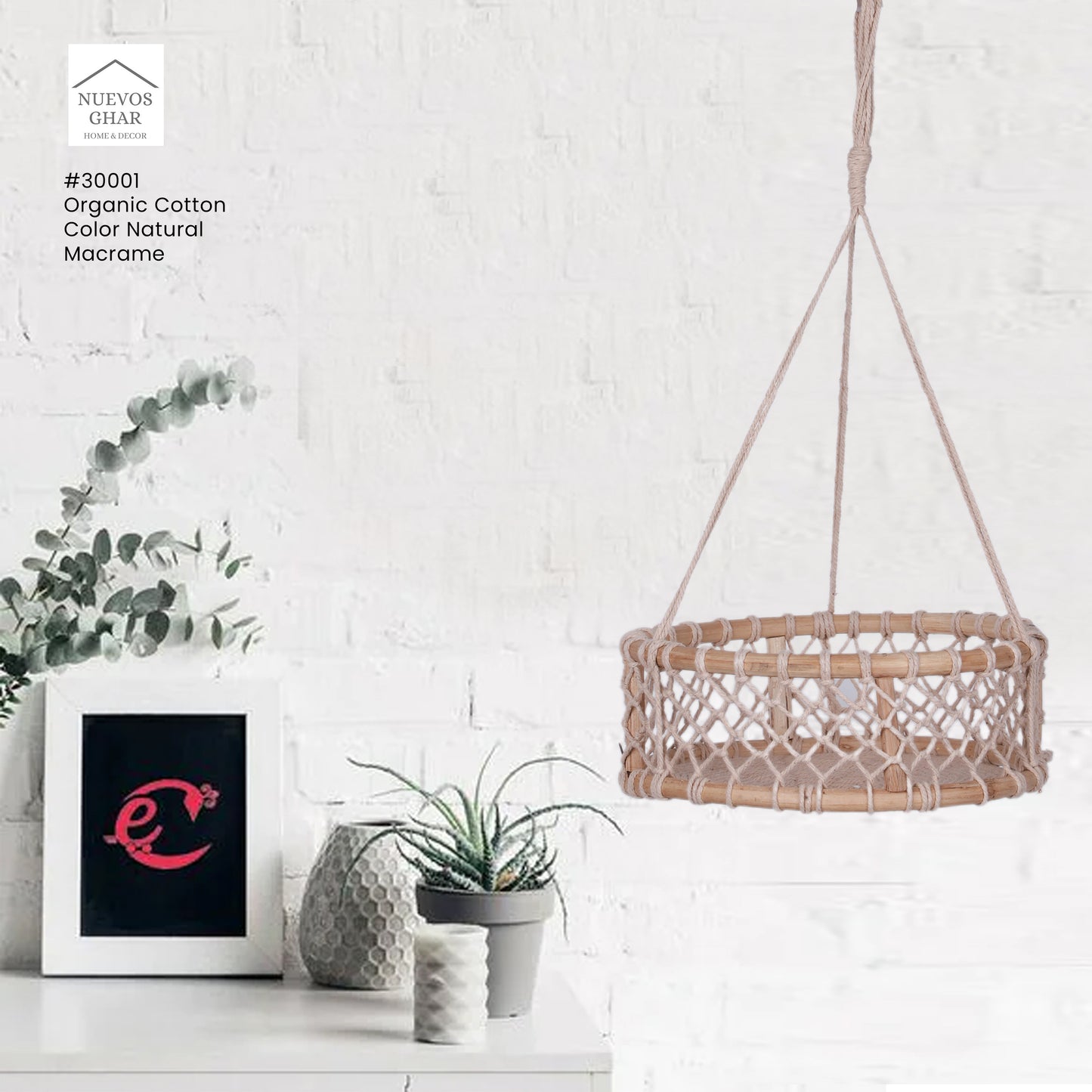 NUEVOSGHAR Macrame Wall Hanging Shelf Wood Floating | Handcrafted Macrame Hanging Boho Two Tier Wooden Round Basket | Ivory
