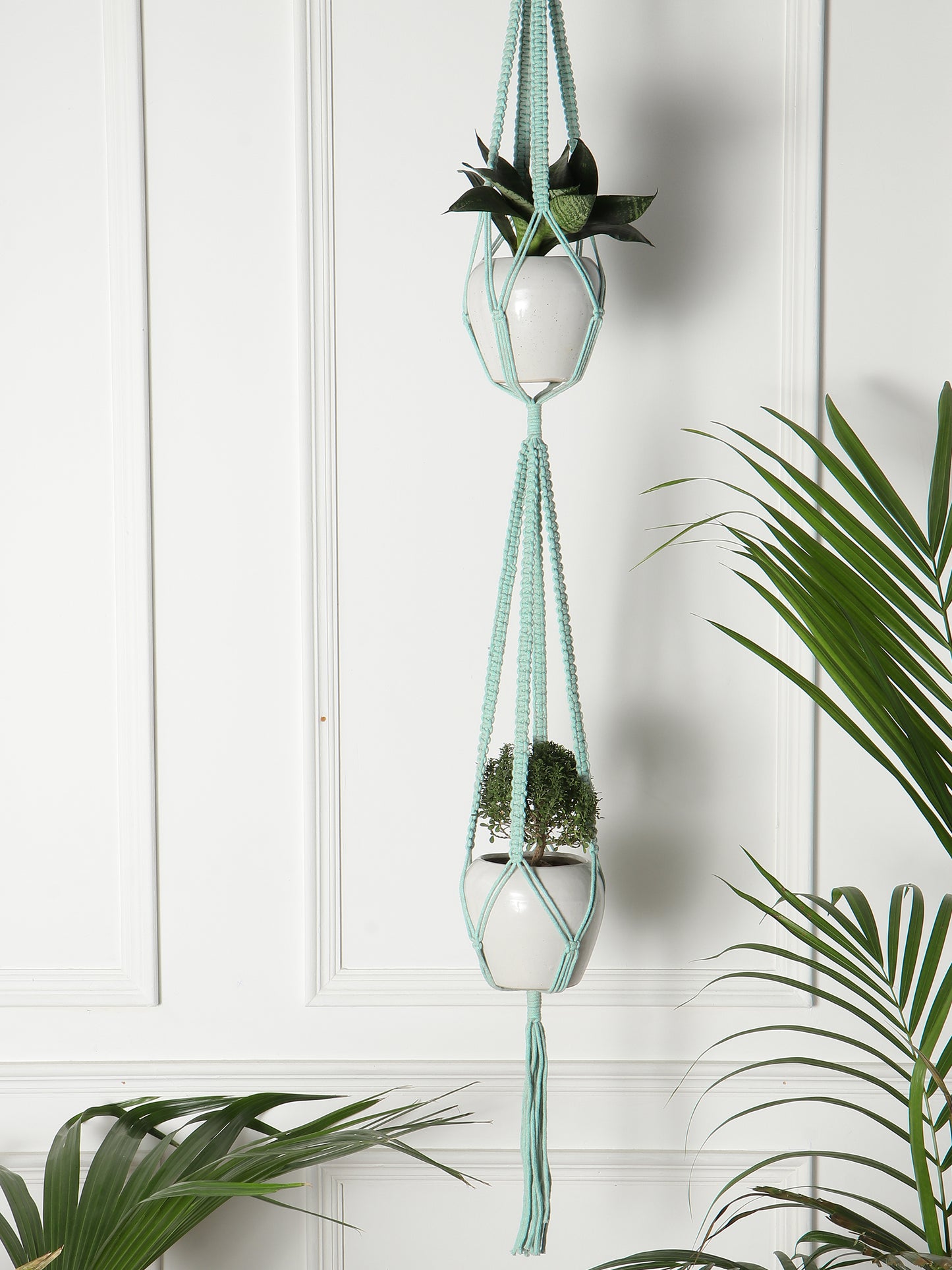 NUEVOSGHAR Macrame Plant Hanger| Boho 2 Teir Plant Holder| Hand Made Crochet Plant Holder|Indoor-Outdoor Wall Hanging Plant Holder| Light Blue