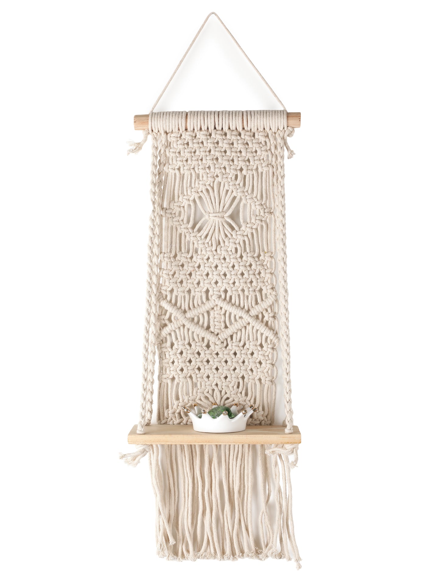 NUEVOSGHAR Macrame Wall Hanging Shelf | Bohemian Hanging Plant Shelves | Handmade Macrame Wall Hanging Decor | Wooden Wall Hanging Shelf_ Ivory