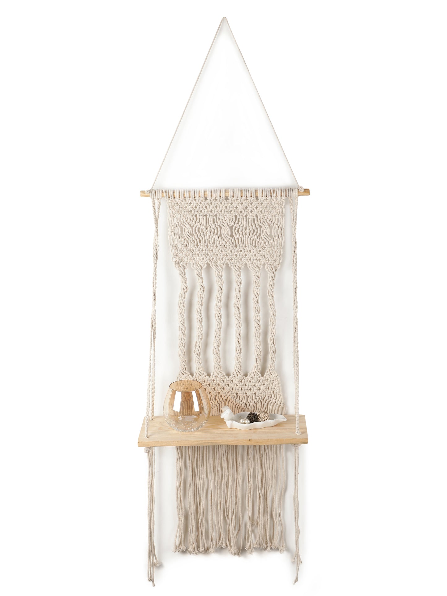NUEVOSGHAR Macrame Wall Hanging Shelf | Bohemian Hanging Plant Shelves | Handmade Macrame Wall Hanging Decor | Wooden Wall Hanging Shelf_Beige