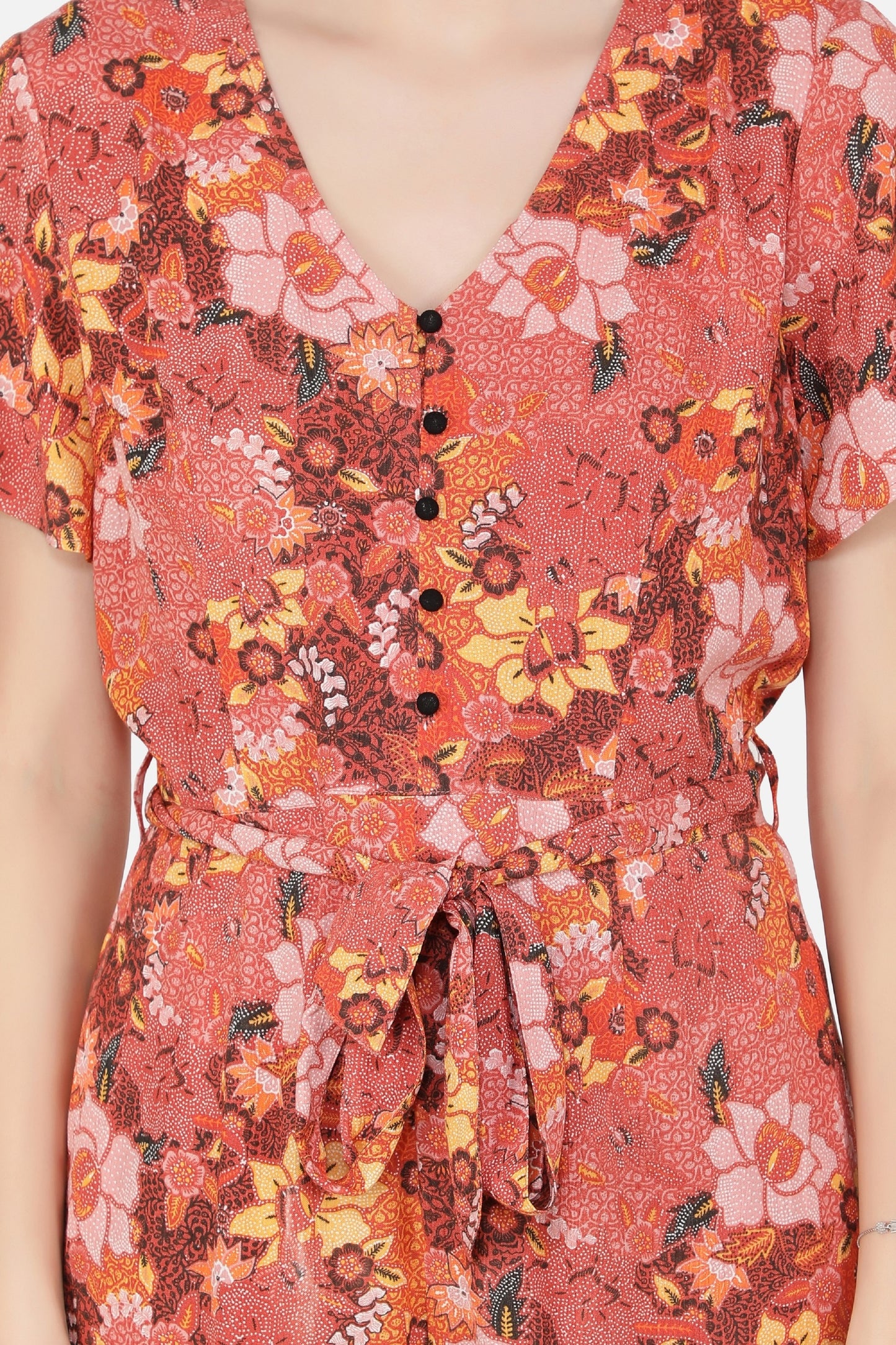 NUEVOSDAMAS Women's Summer V Neck Jumpsuits Casual half Sleeves Romper Button Up Front Tie Knot Floral Printed Short Jumpsuit Rompers Playsuits
