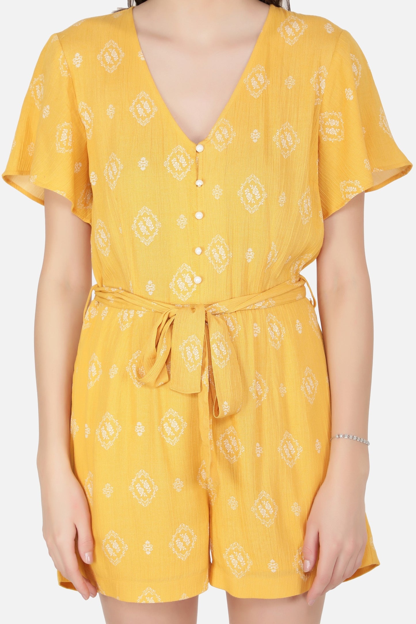 NUEVOSDAMAS Women's Summer V Neck Jumpsuits Casual half Sleeves Romper Button Up Front Tie Knot Floral Printed Short Jumpsuit Rompers Playsuits