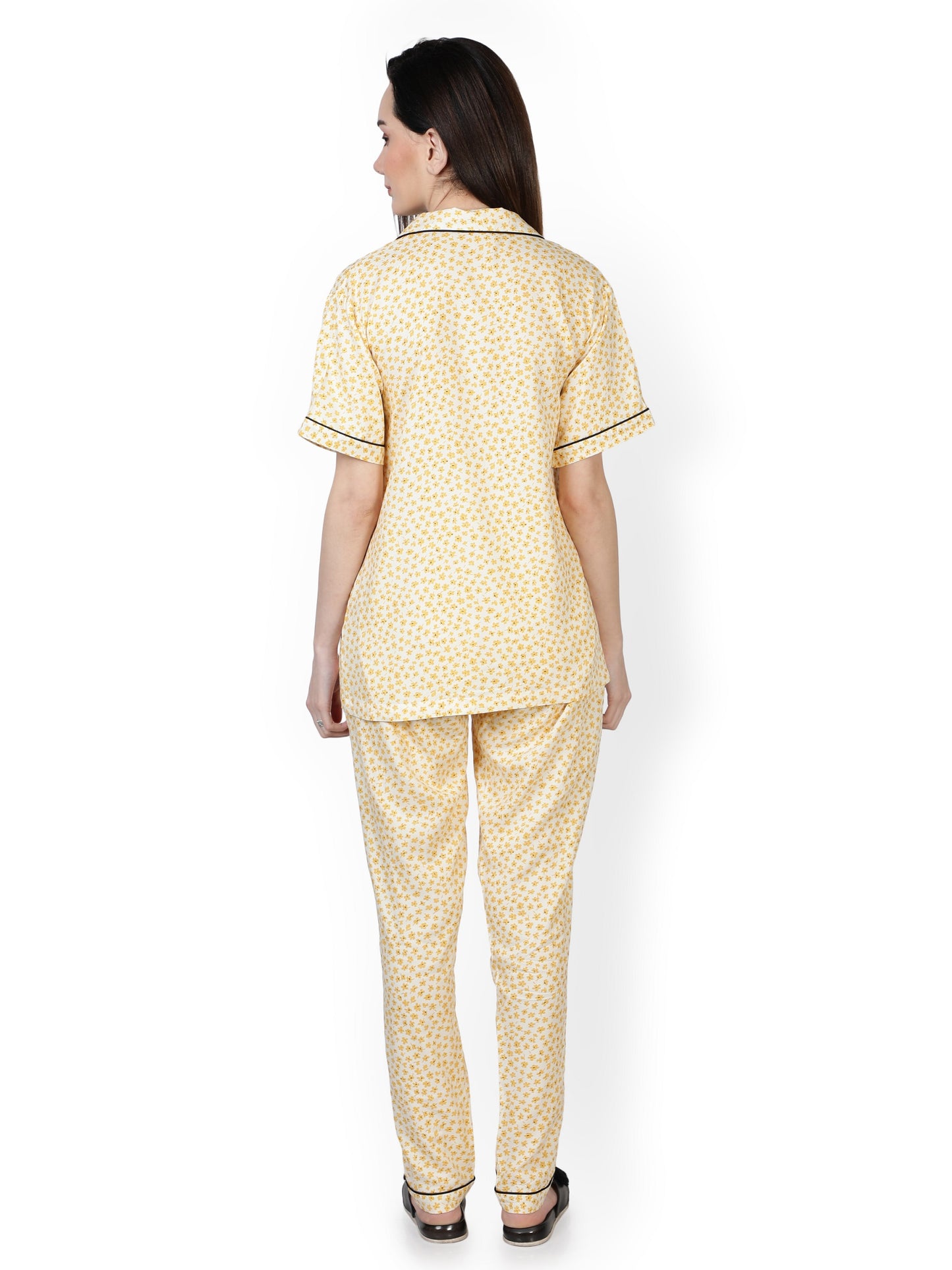 NUEVOSDAMAS Women Rayon Yellow & White Printed Night Suit Set