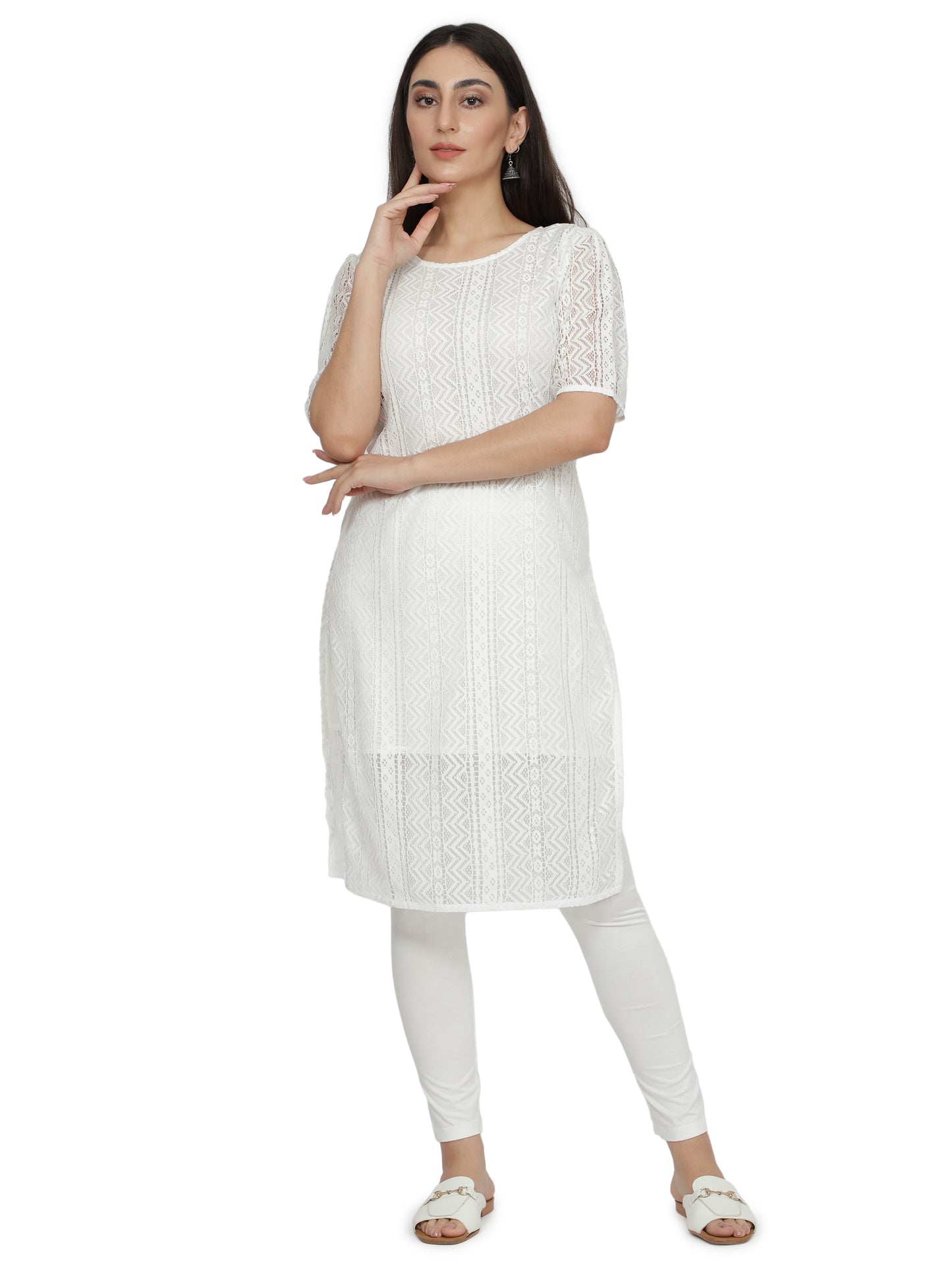Women Printed Cotton Blend Straight Kurta (White) freeshipping - NUEVOSDAMAS