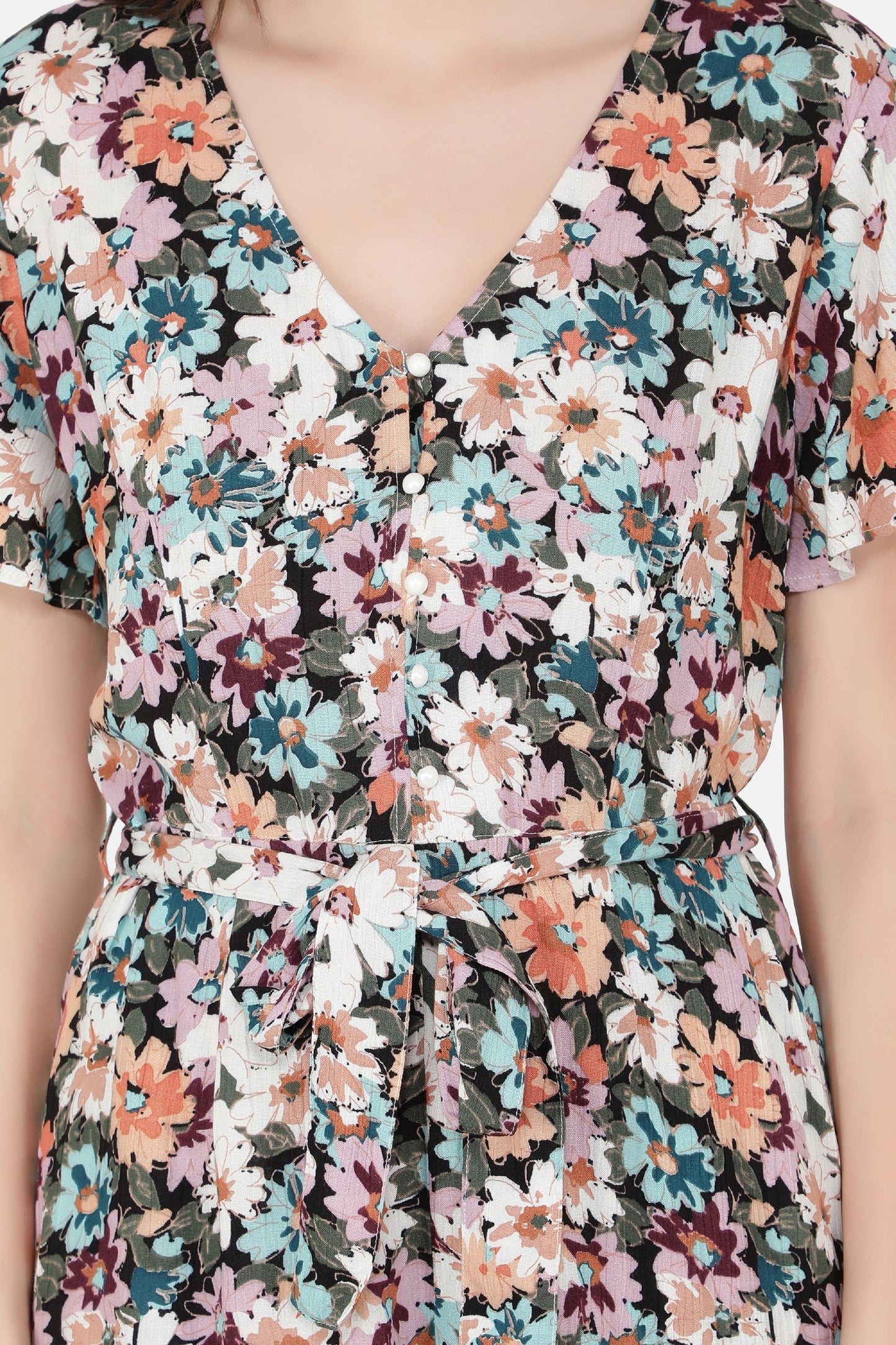NUEVOSDAMAS Women's Summer V Neck Jumpsuits Casual half Sleeves Romper Button Up Front Tie Knot Floral Printed Short Jumpsuit Rompers Playsuits