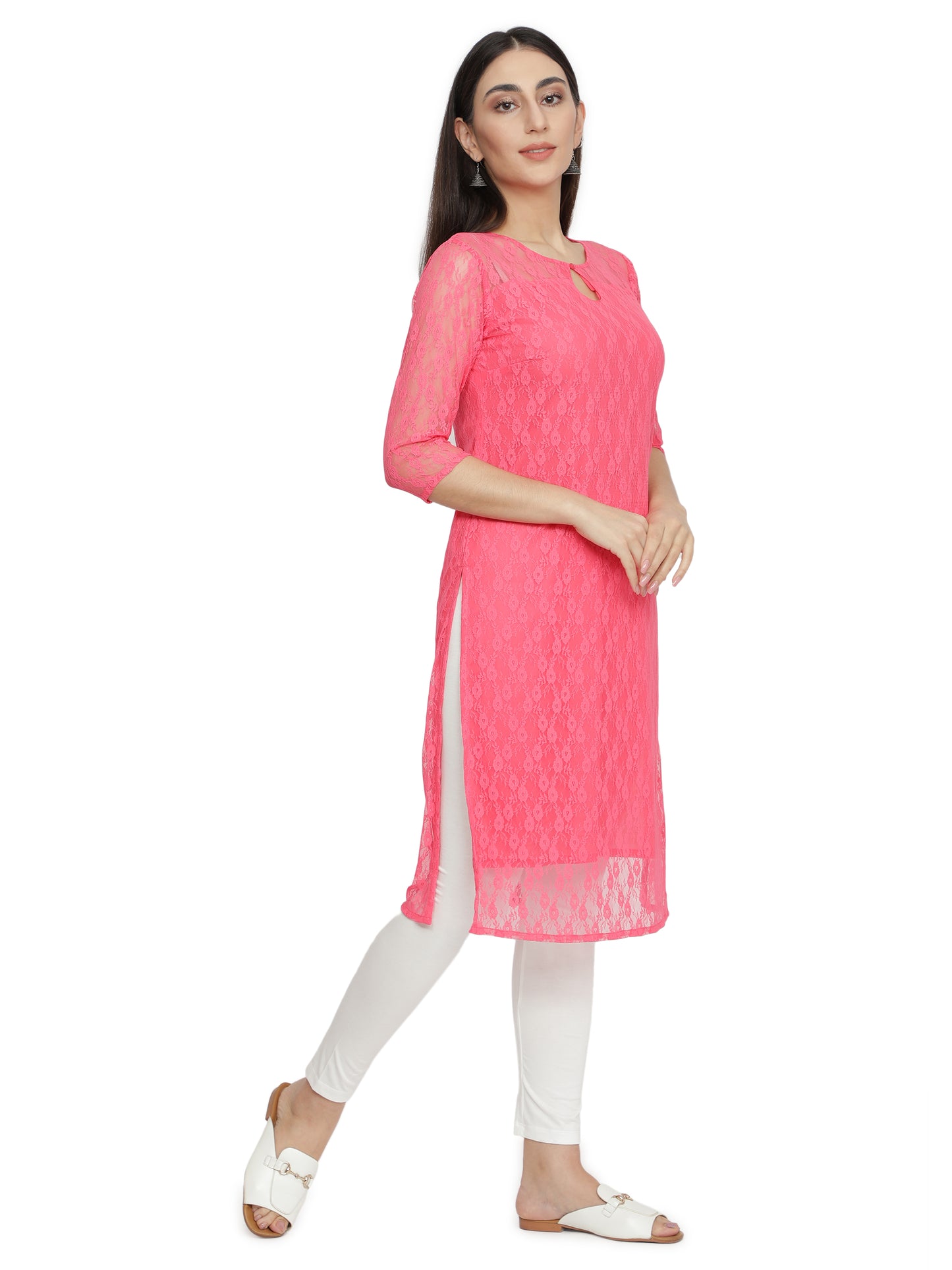 Women Printed Cotton Blend Straight Kurta (Pink) freeshipping - NUEVOSDAMAS
