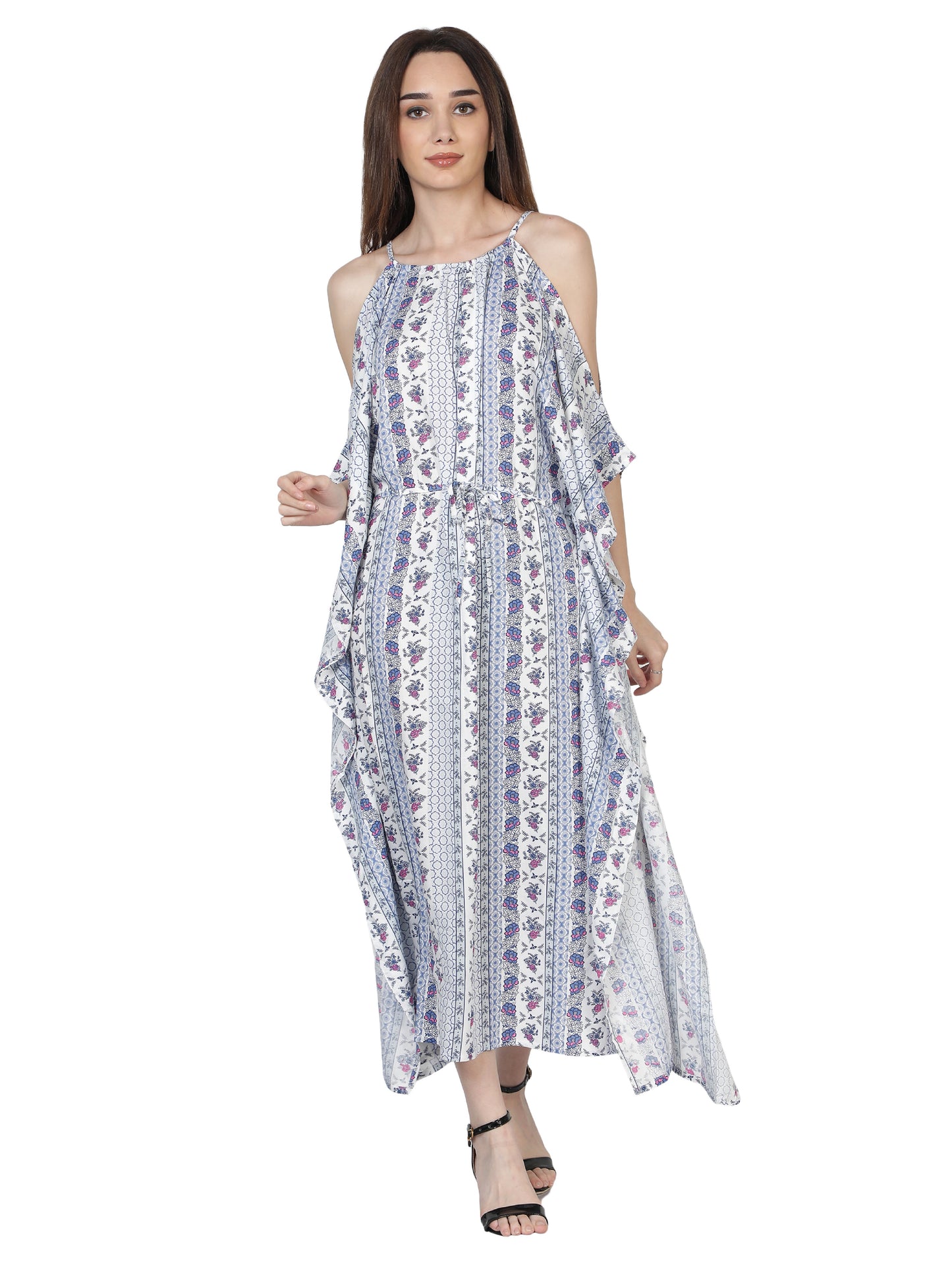 NUEVOSDAMAS Women's Rayon Floral Midi Kaftan (White, Blue)