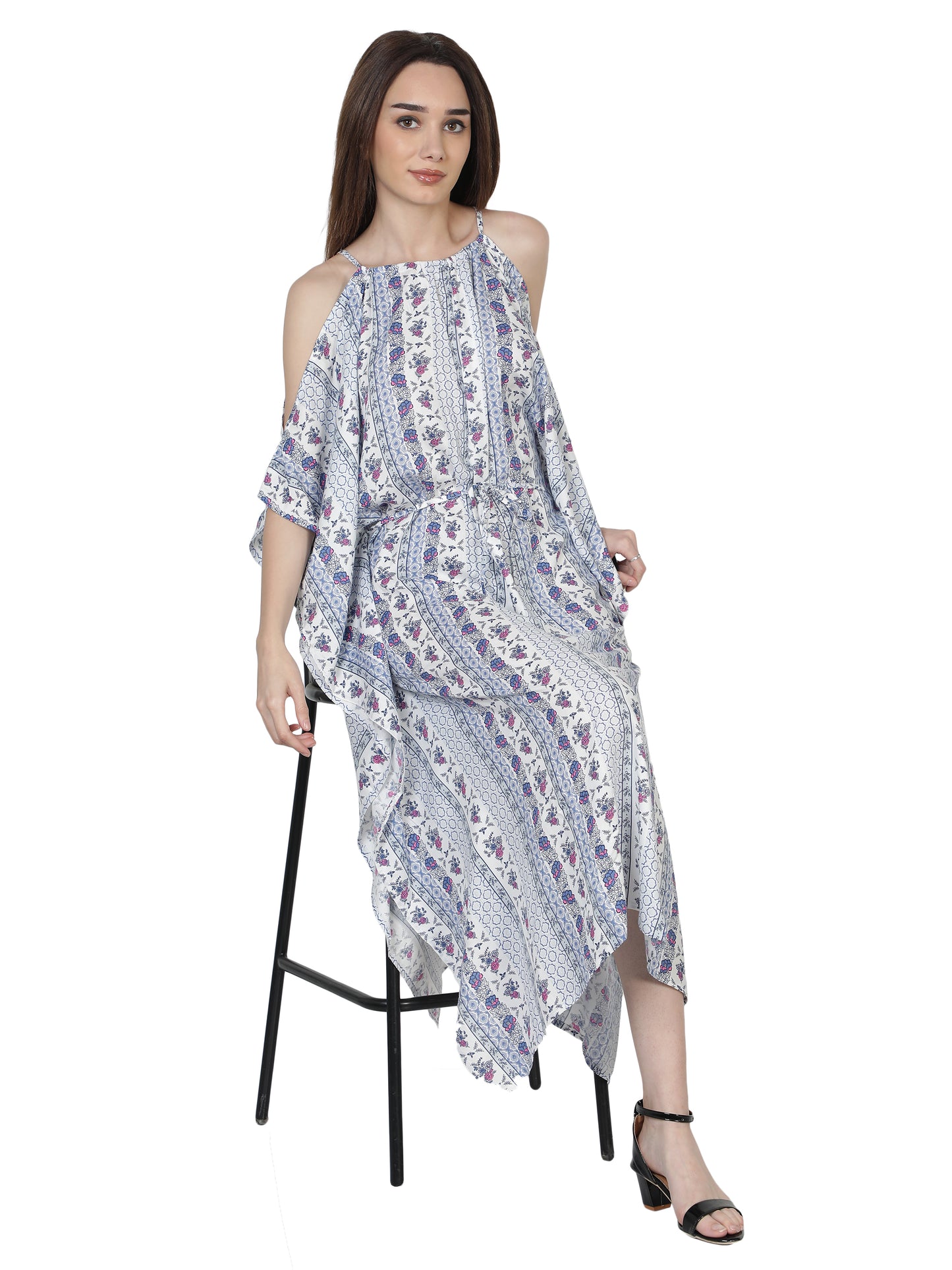 NUEVOSDAMAS Women's Rayon Floral Midi Kaftan (White, Blue)