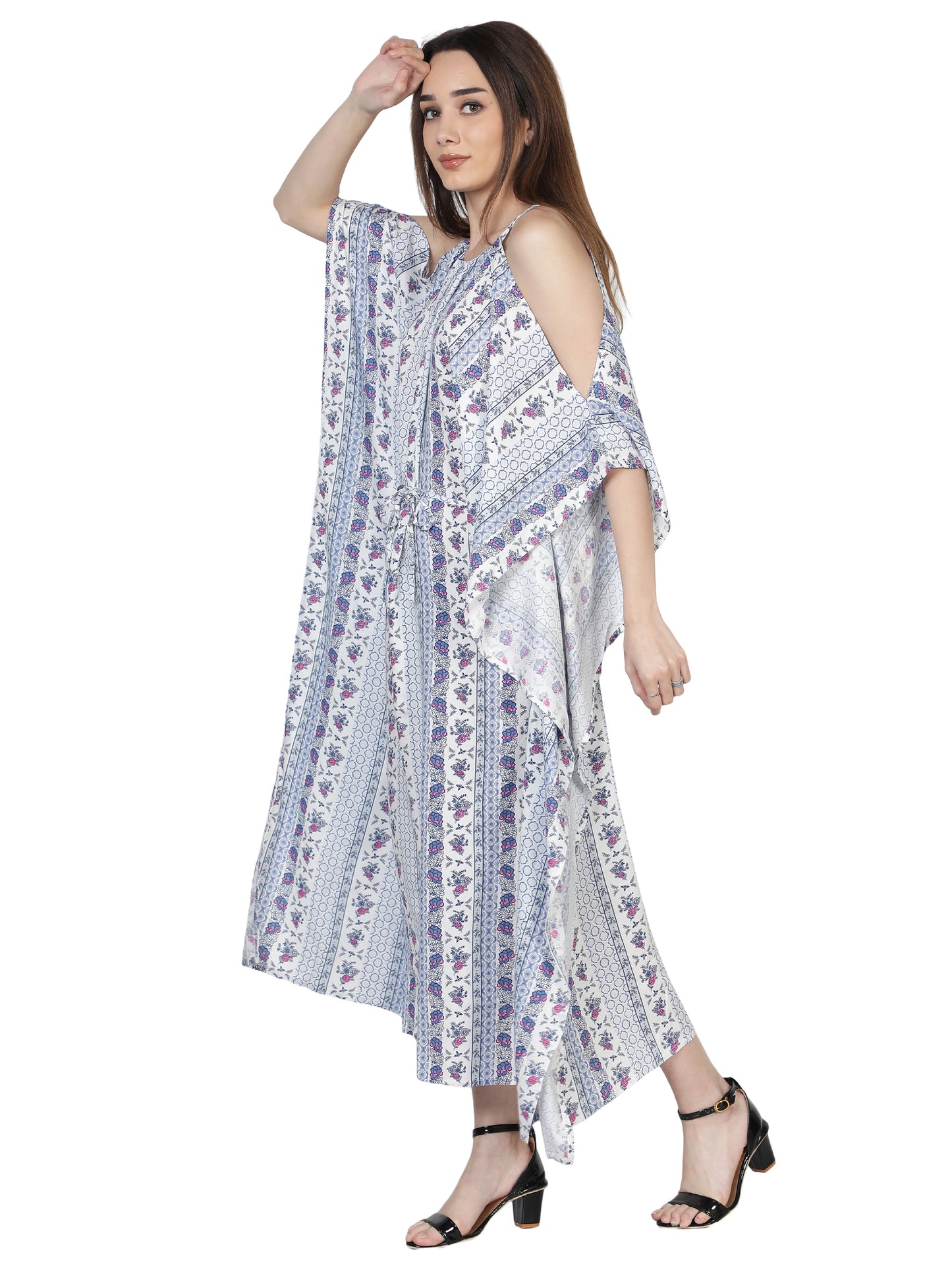 NUEVOSDAMAS Women's Rayon Floral Midi Kaftan (White, Blue)